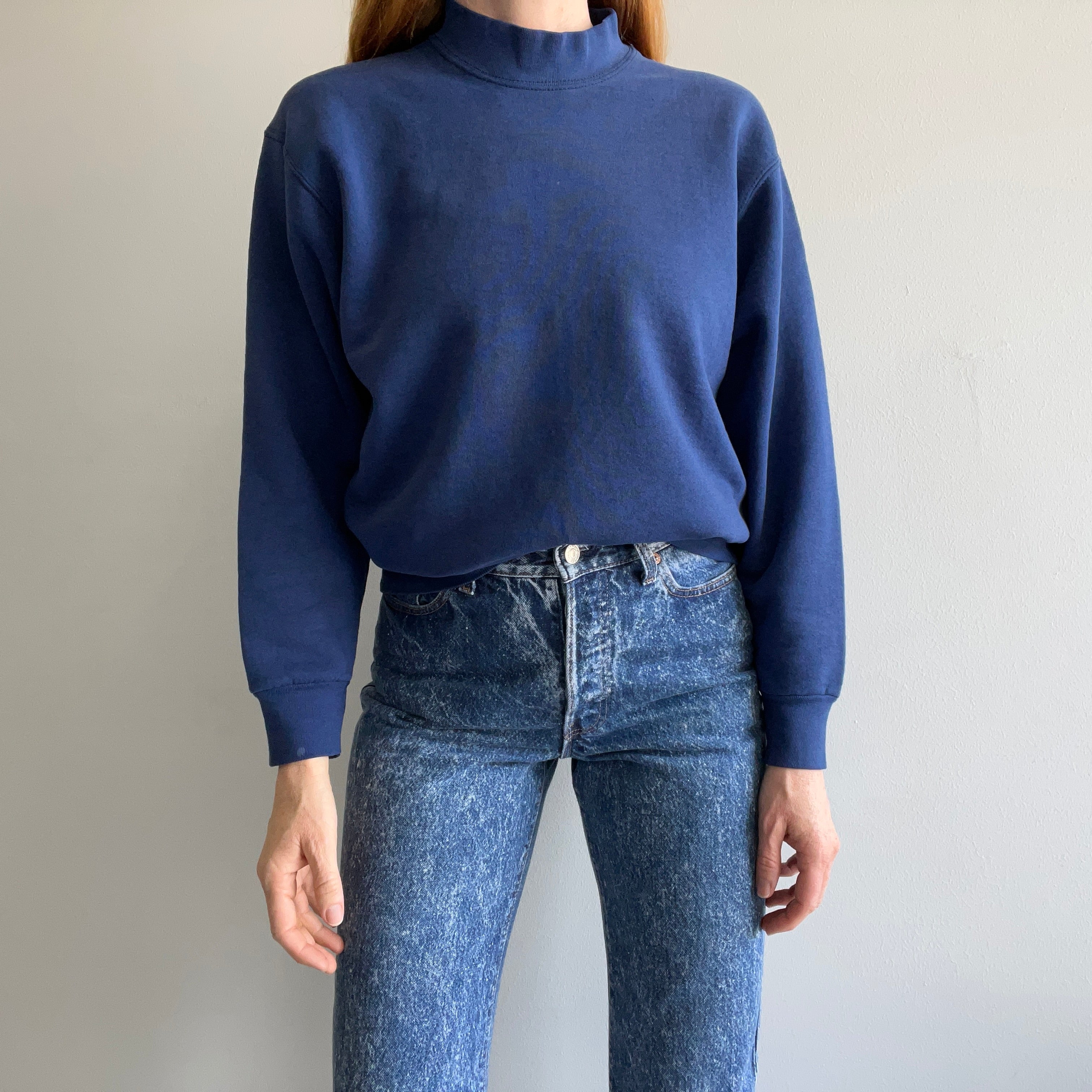 1980s Blank Faded Navy Mock Neck Sweatshirt with Staining by BVD