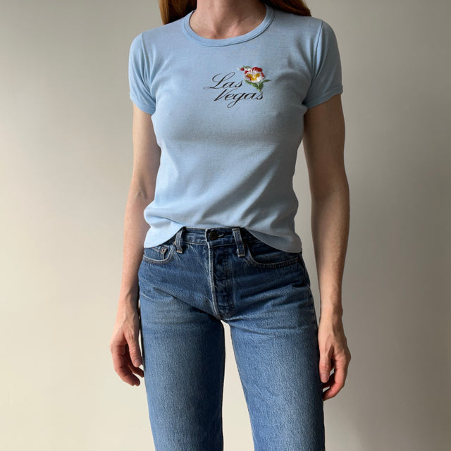 1970s Las Vegas Baby Tee with Embroidered Flower Patch and Faint Arm Pit Stains