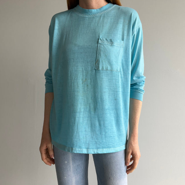 1970/80s Super Thinned Out Long Sleeve Pocket T-Shirt - Aqua Blue - SUPER STAINED