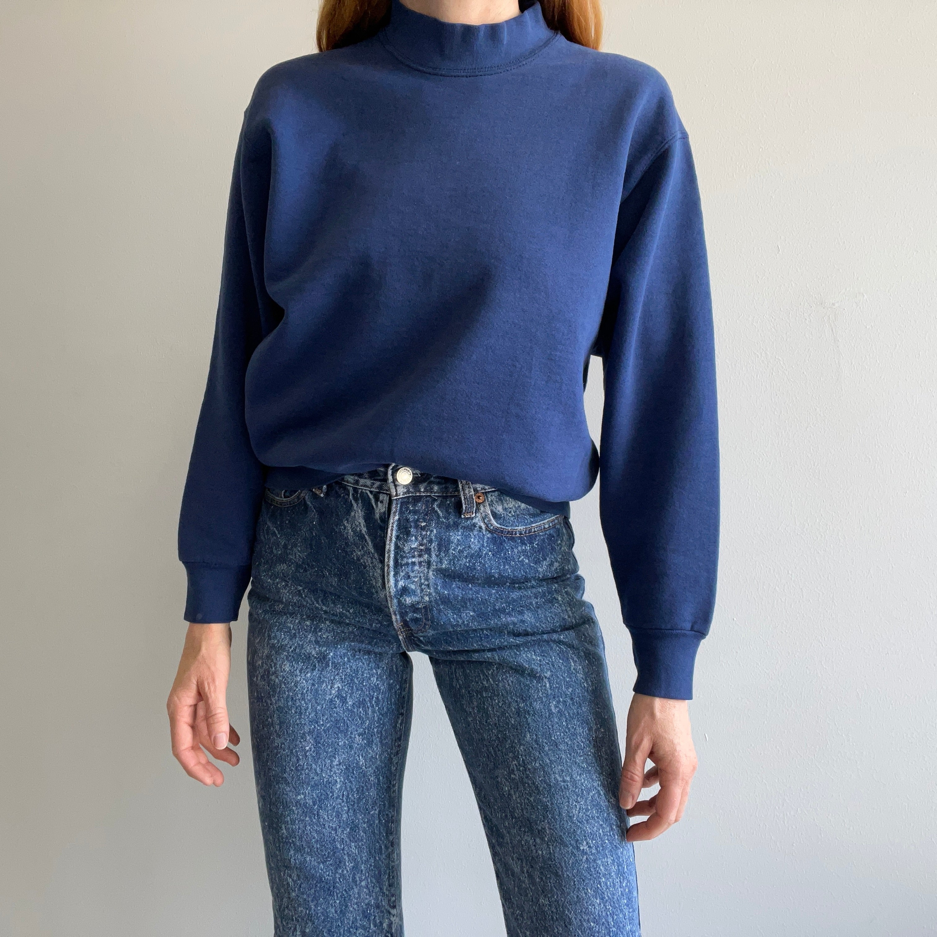 1980s Blank Faded Navy Mock Neck Sweatshirt with Staining by BVD