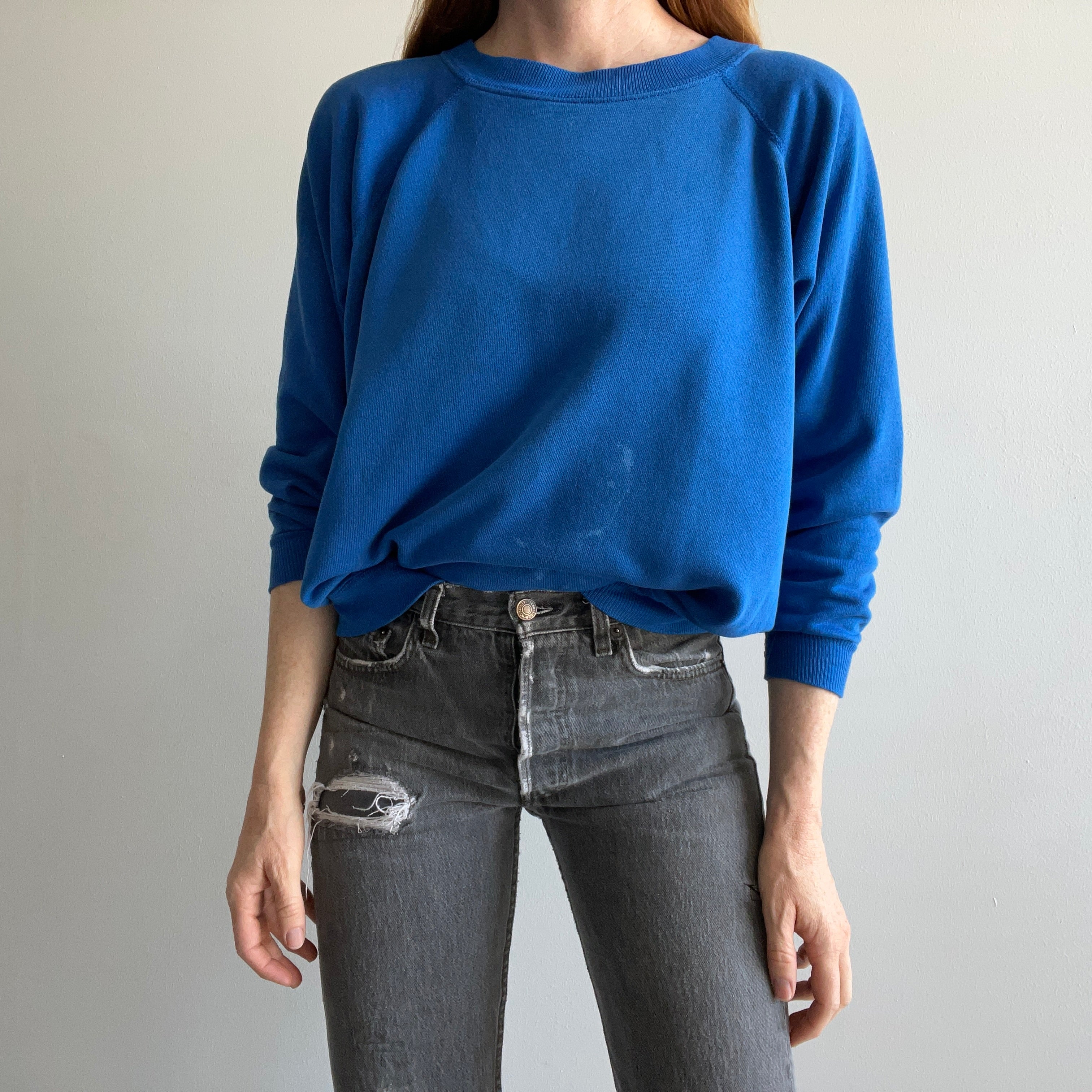 1980s Blank Blue Bleach Stained Sweatshirt by Hanes