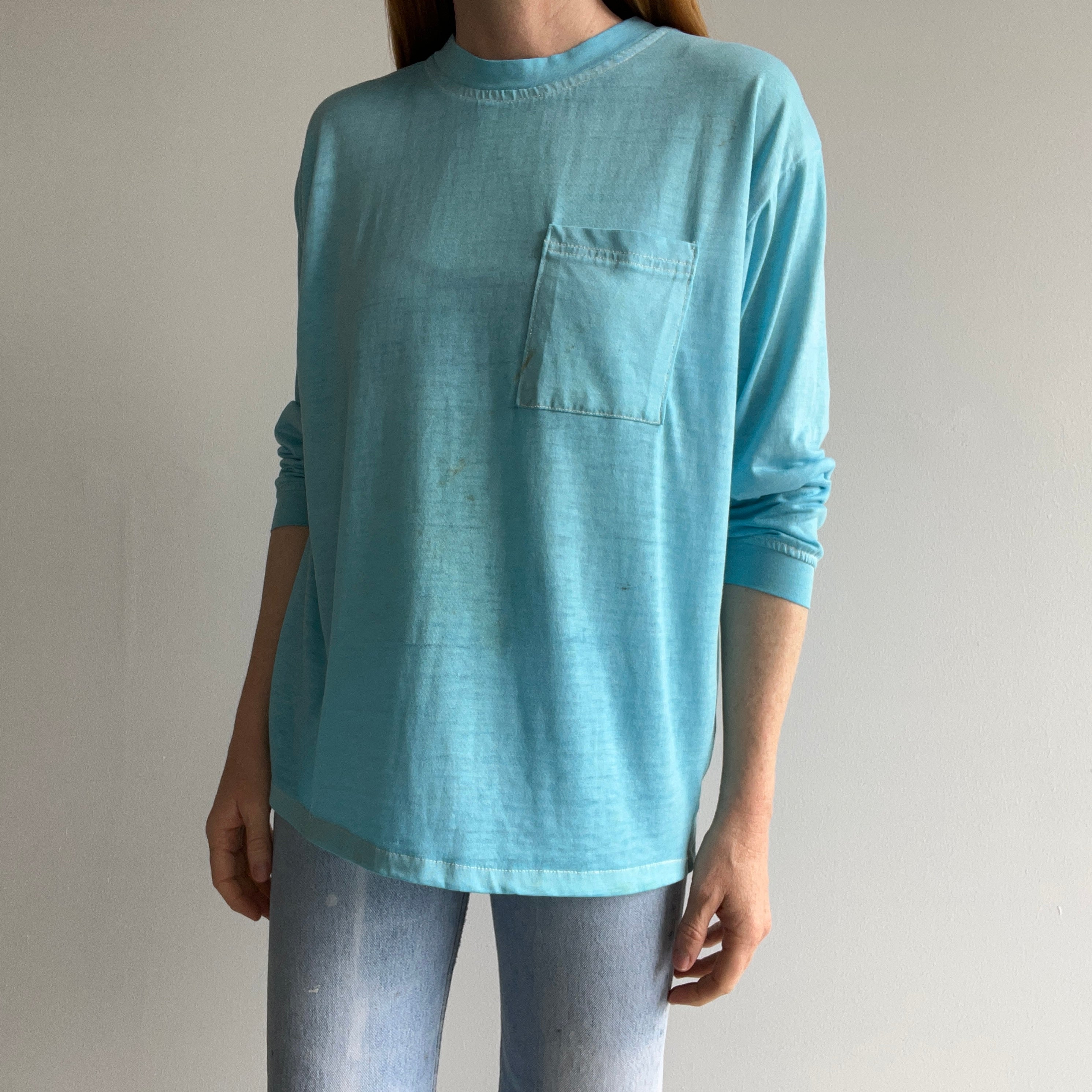 1970/80s Super Thinned Out Long Sleeve Pocket T-Shirt - Aqua Blue - SUPER STAINED