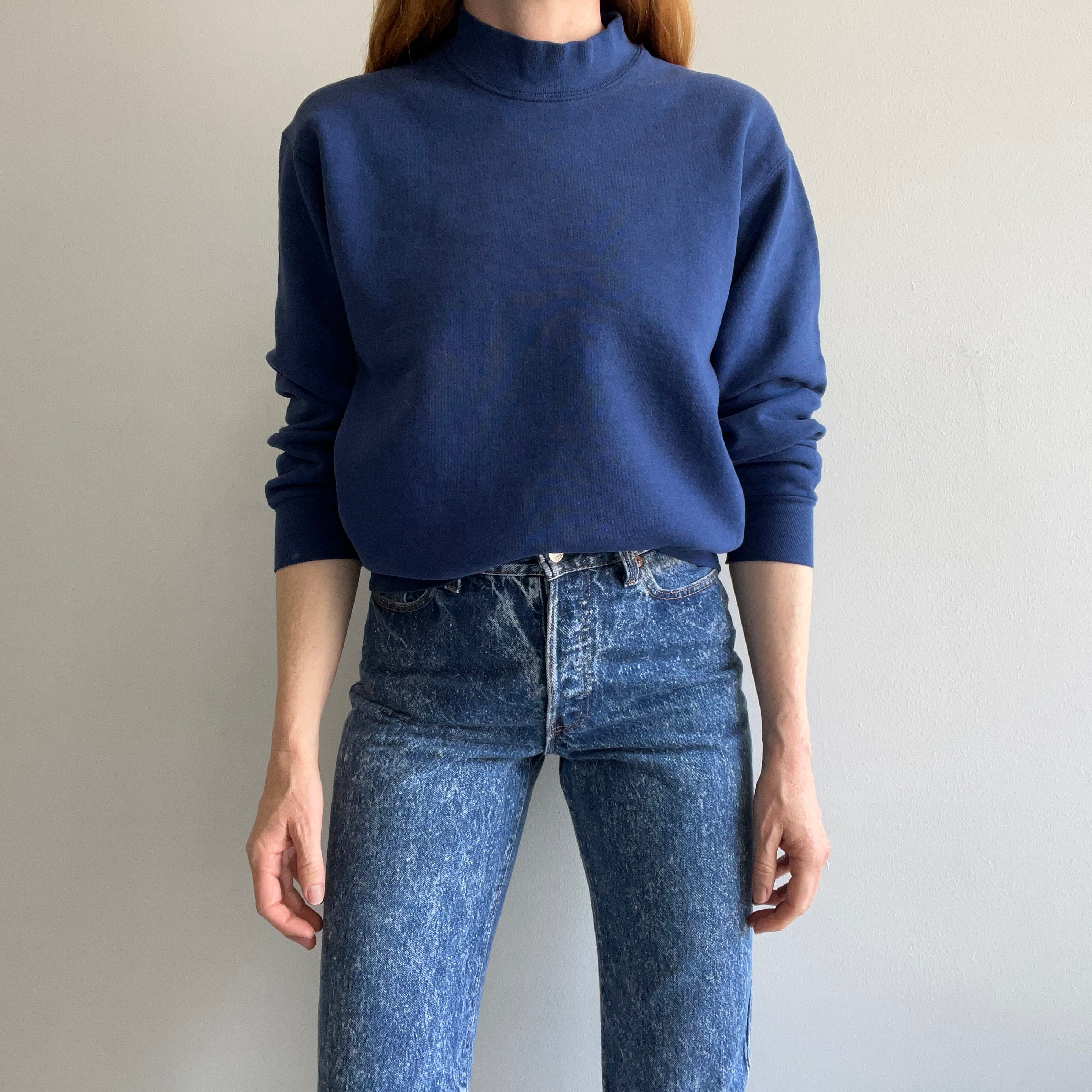 1980s Blank Faded Navy Mock Neck Sweatshirt with Staining by BVD