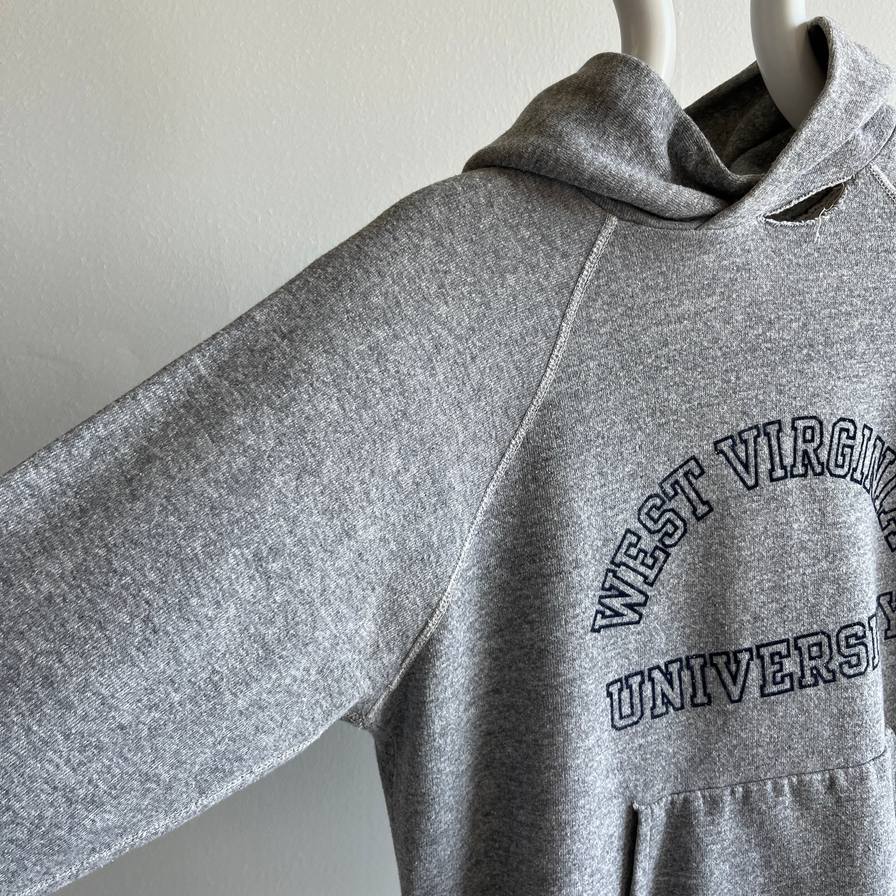 1970/80s University of West Virginia Velva Sheen Hoodie - Tattered, Torn and Grease Stained