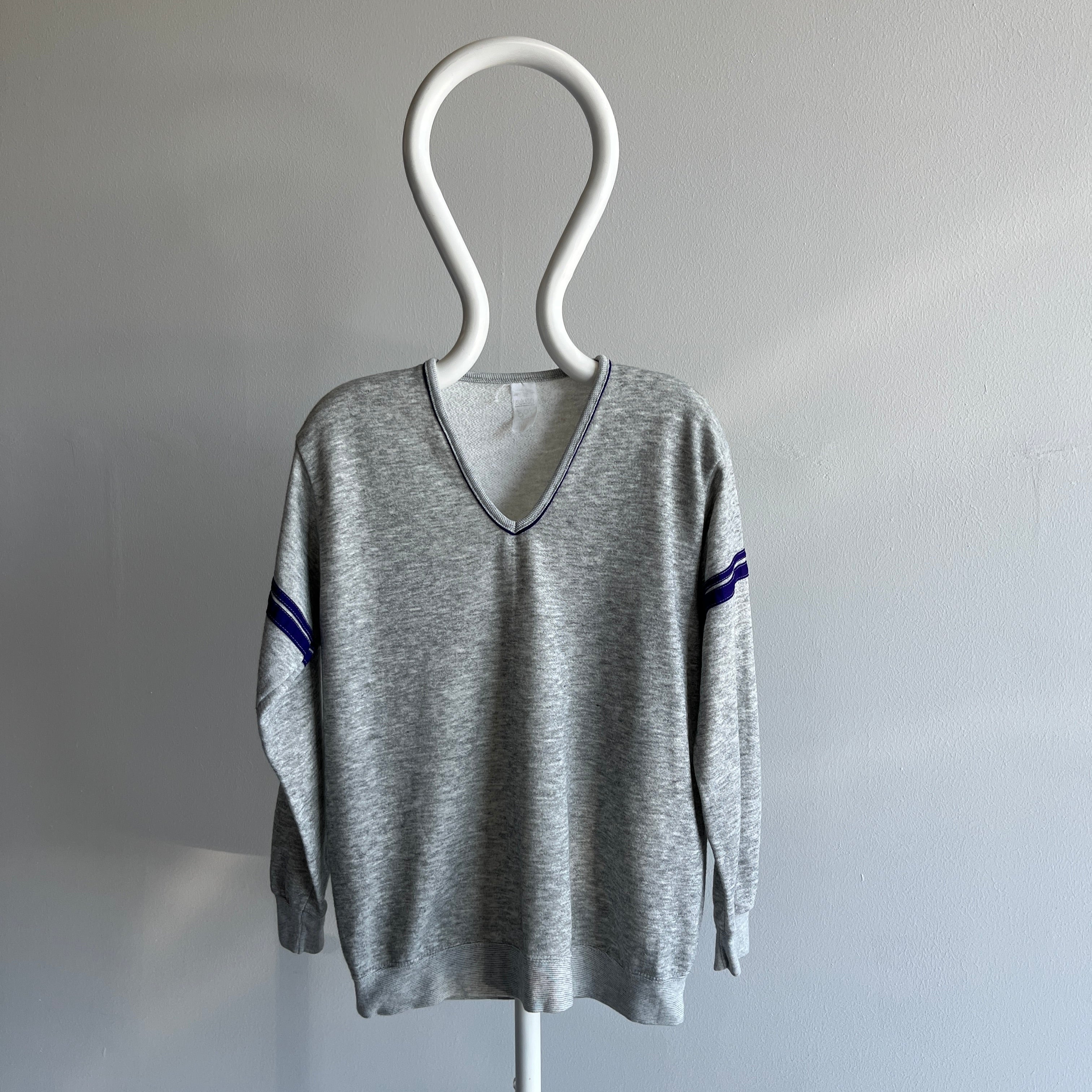 1980s GAP!!!!! Double Stripe V-Neck Sweatshirt - Purple and Gray