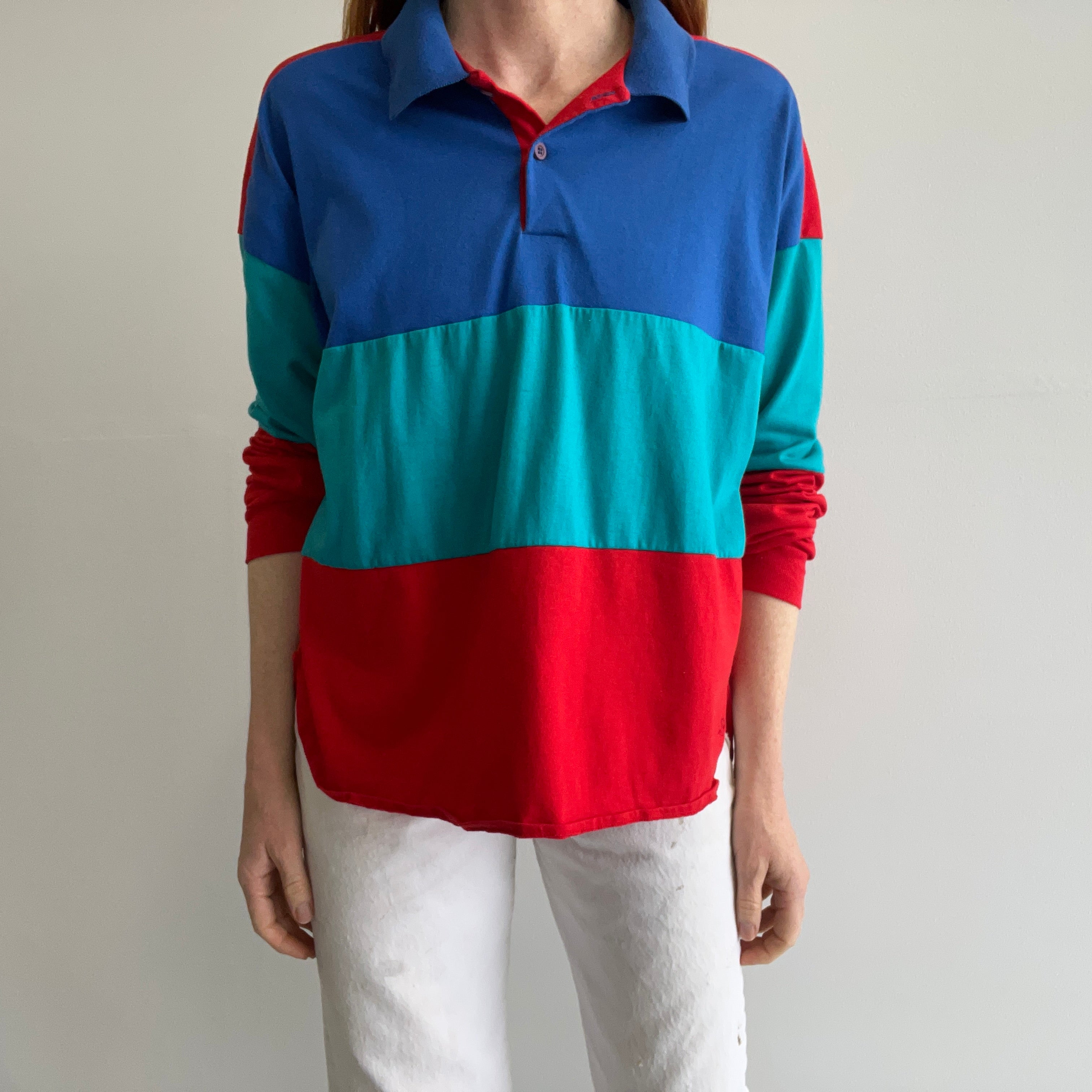 1990s Ocean Pacific Color Block Long Sleeve Polo Shirt