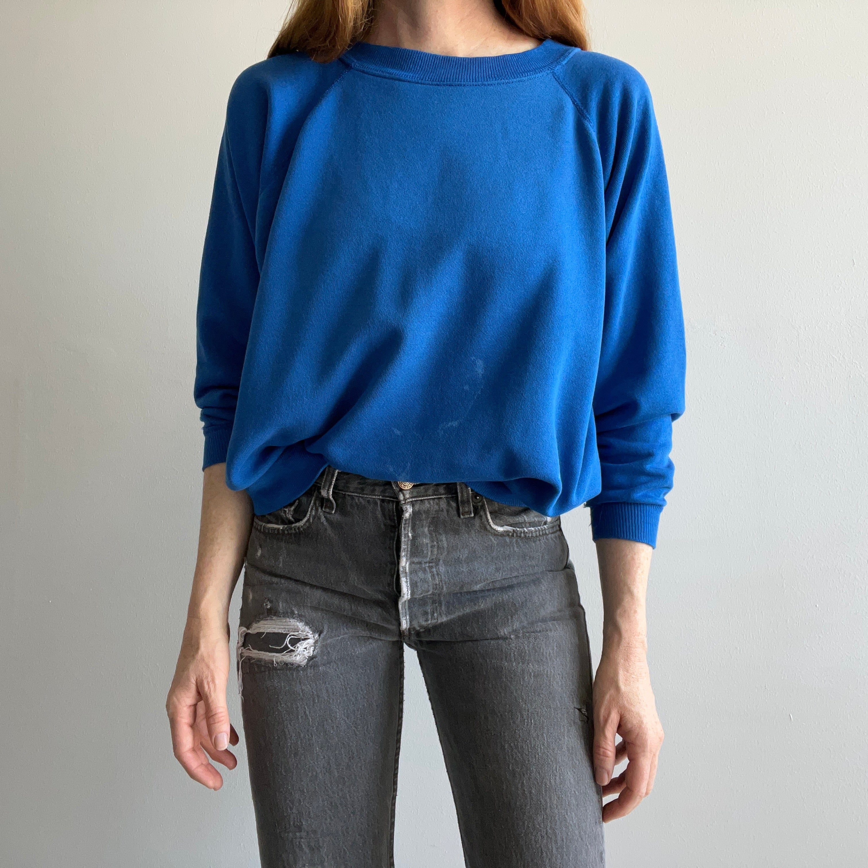 1980s Blank Blue Bleach Stained Sweatshirt by Hanes