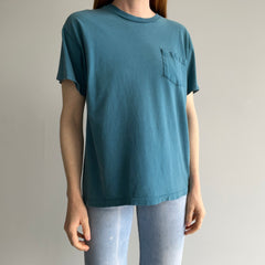 1980s Aqua Teal Steal Blue Mended Cotton Pocket T-Shirt - !!!