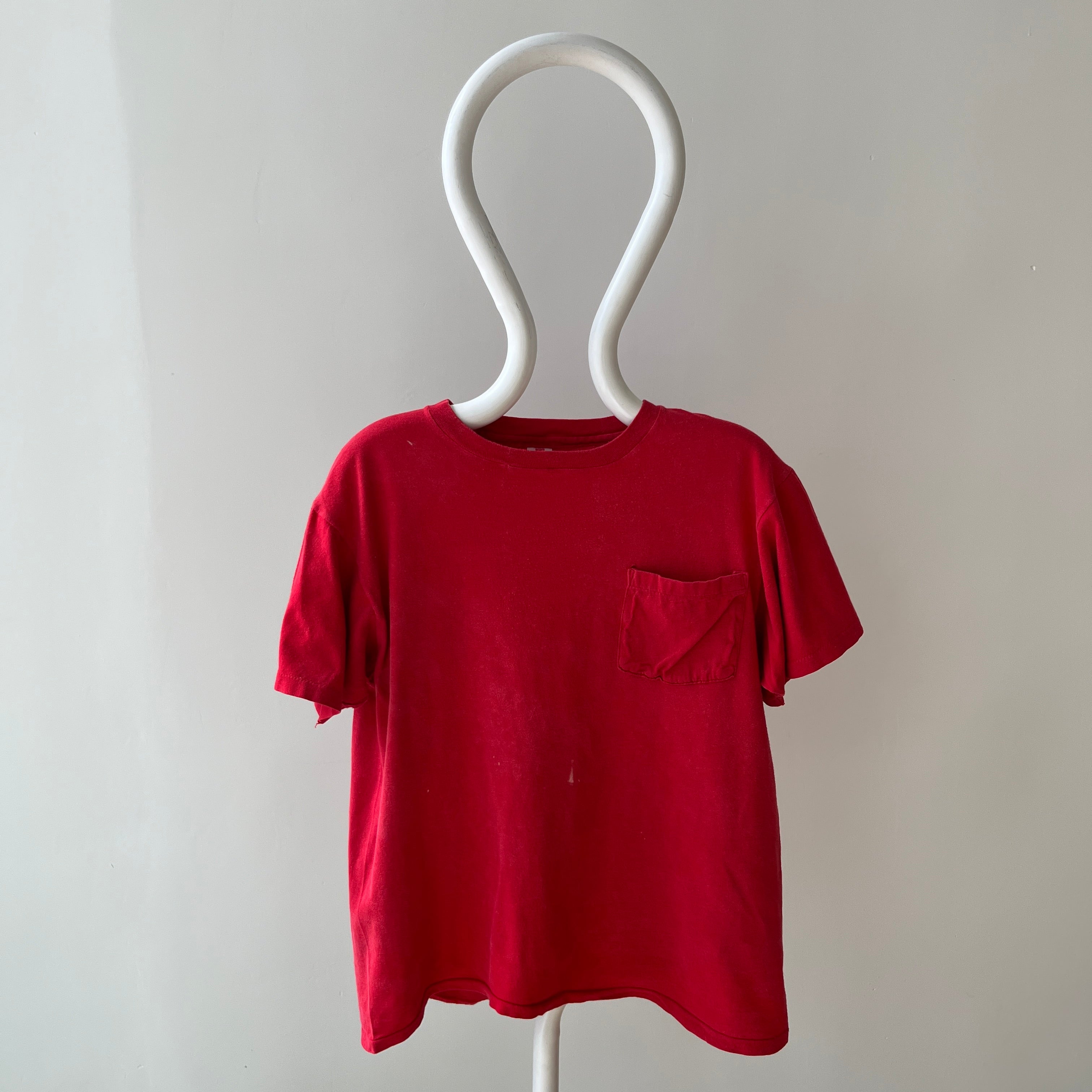 1980s Sun Faded and Bleach Stained Red Pocket Cotton T-Shirt