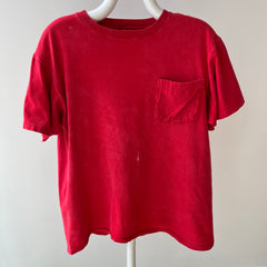 1980s Sun Faded and Bleach Stained Red Pocket Cotton T-Shirt