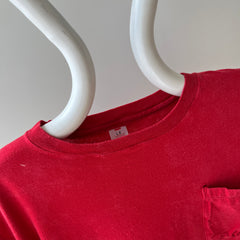 1980s Sun Faded and Bleach Stained Red Pocket Cotton T-Shirt