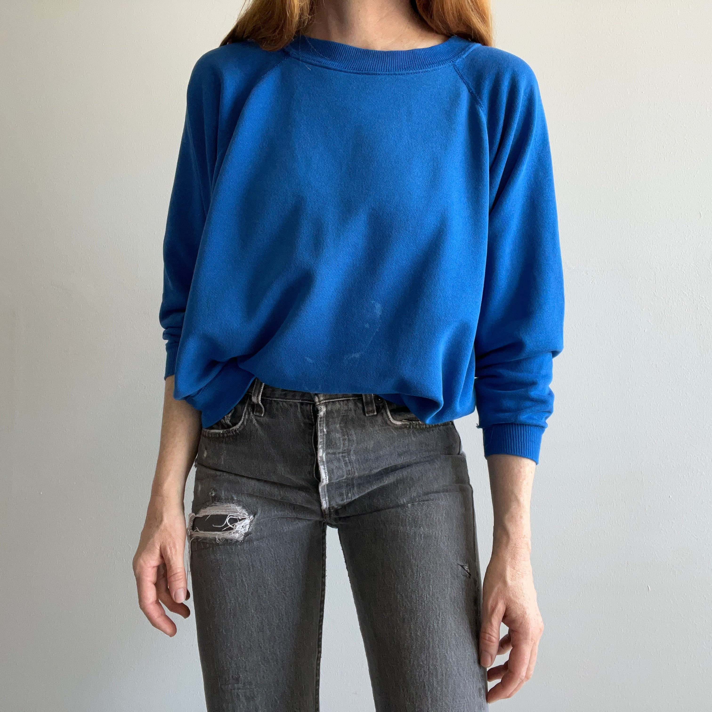 1980s Blank Blue Bleach Stained Sweatshirt by Hanes