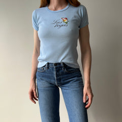 1970s Las Vegas Baby Tee with Embroidered Flower Patch and Faint Arm Pit Stains