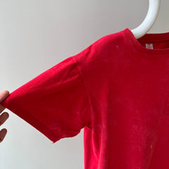 1980s Sun Faded and Bleach Stained Red Pocket Cotton T-Shirt