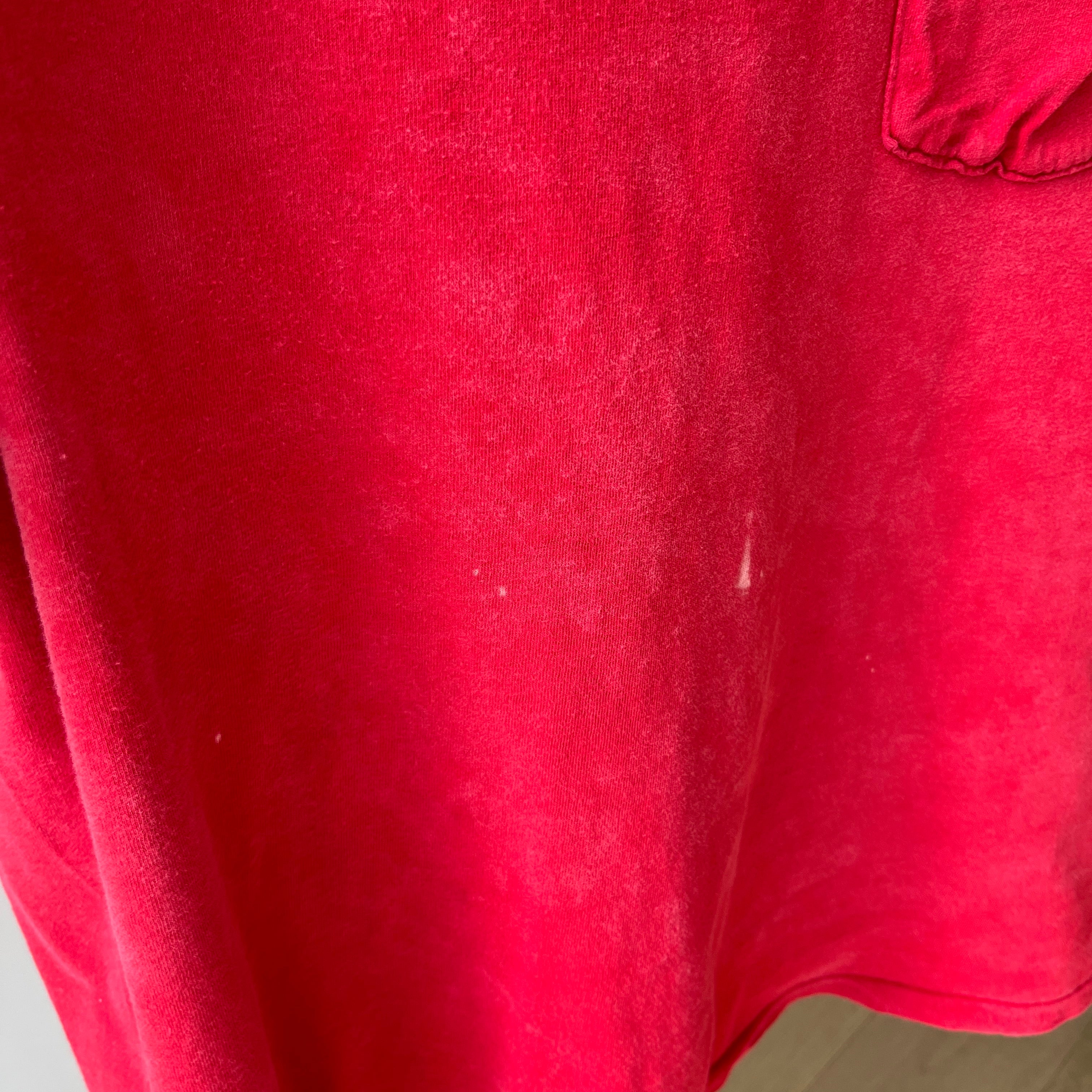 1980s Sun Faded and Bleach Stained Red Pocket Cotton T-Shirt