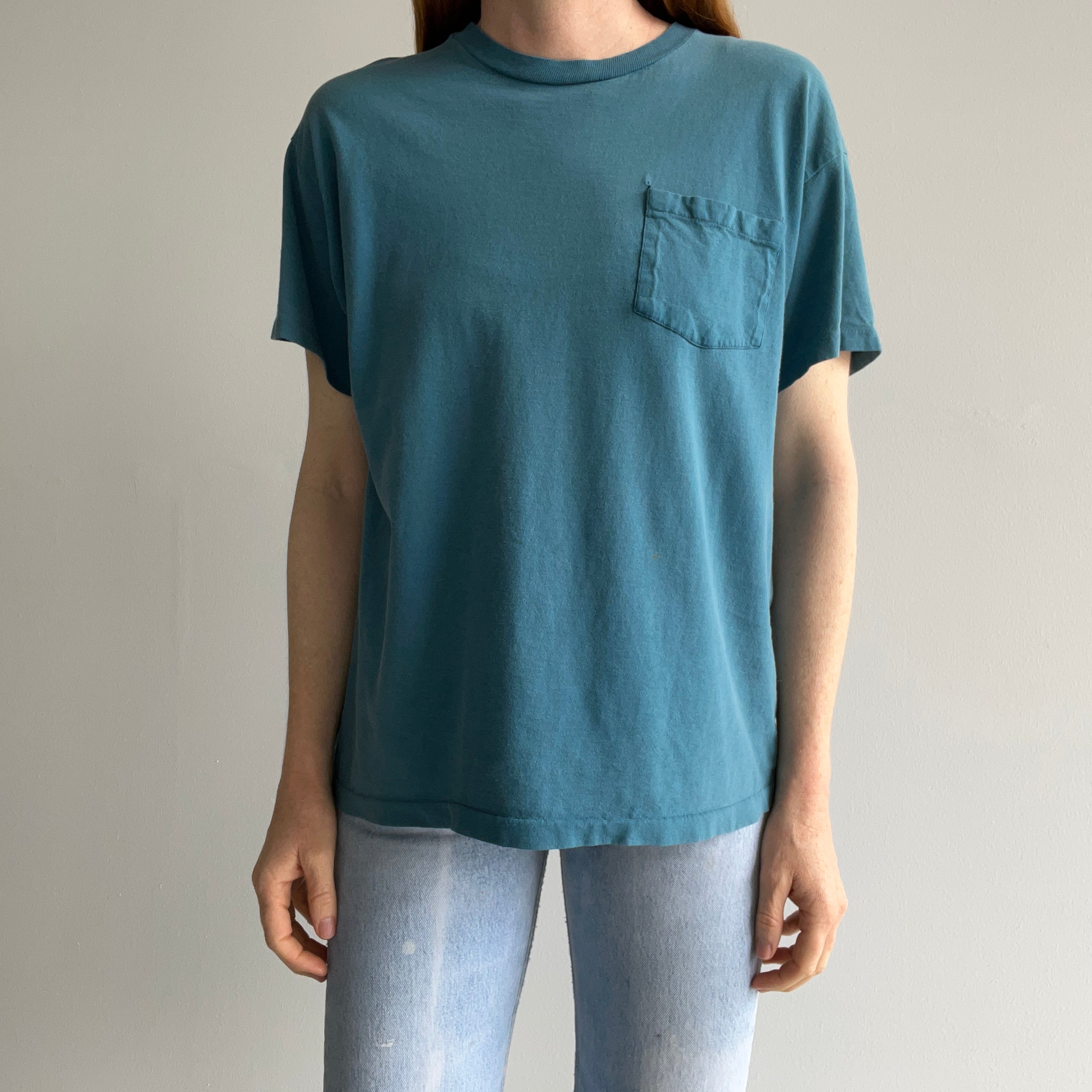 1980s Aqua Teal Steal Blue Mended Cotton Pocket T-Shirt - !!!