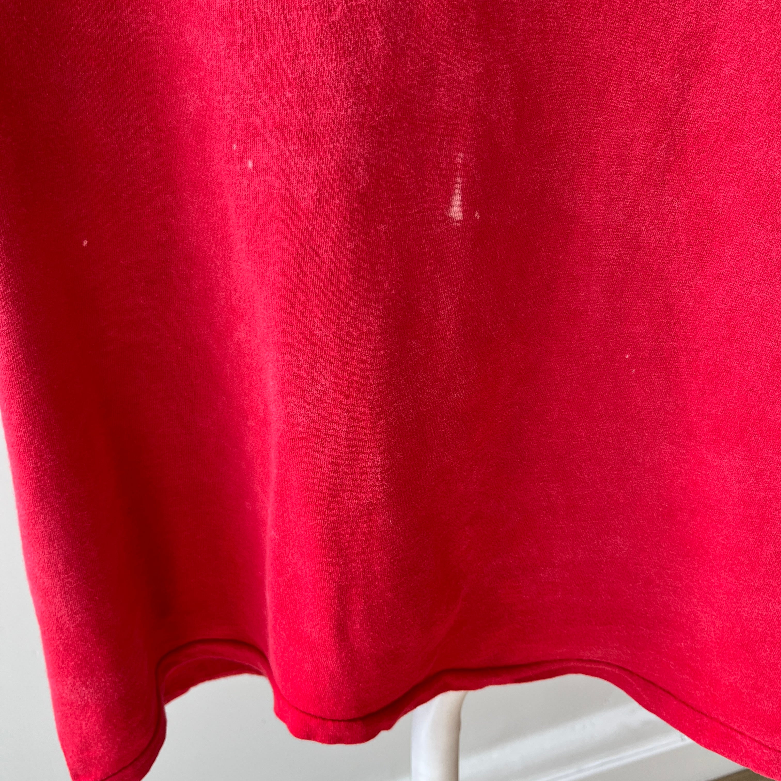 1980s Sun Faded and Bleach Stained Red Pocket Cotton T-Shirt