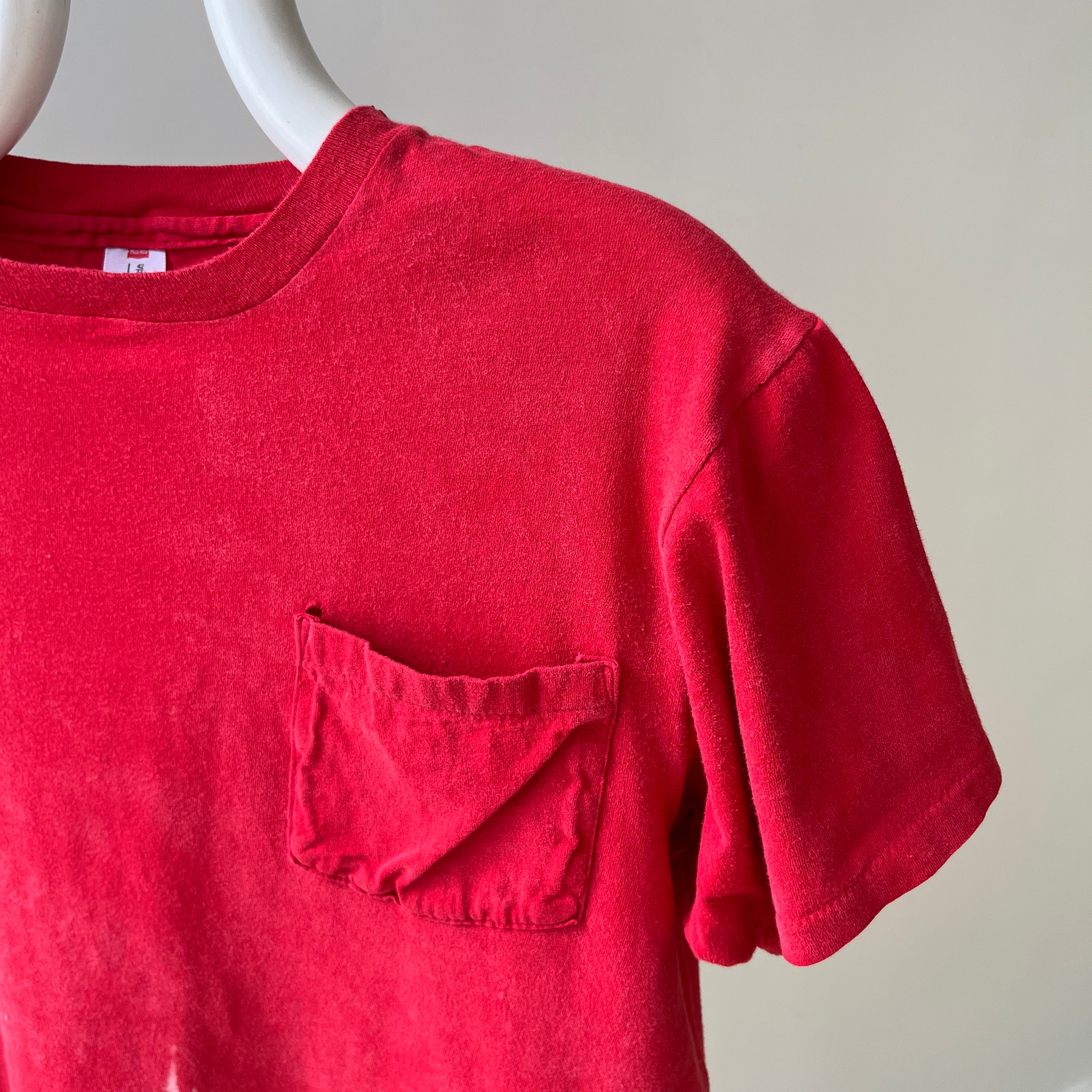 1980s Sun Faded and Bleach Stained Red Pocket Cotton T-Shirt