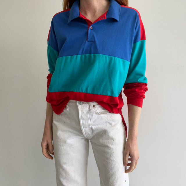 1990s Ocean Pacific Color Block Long Sleeve Polo Shirt