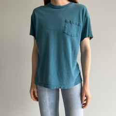 1980s Aqua Teal Steal Blue Mended Cotton Pocket T-Shirt - !!!