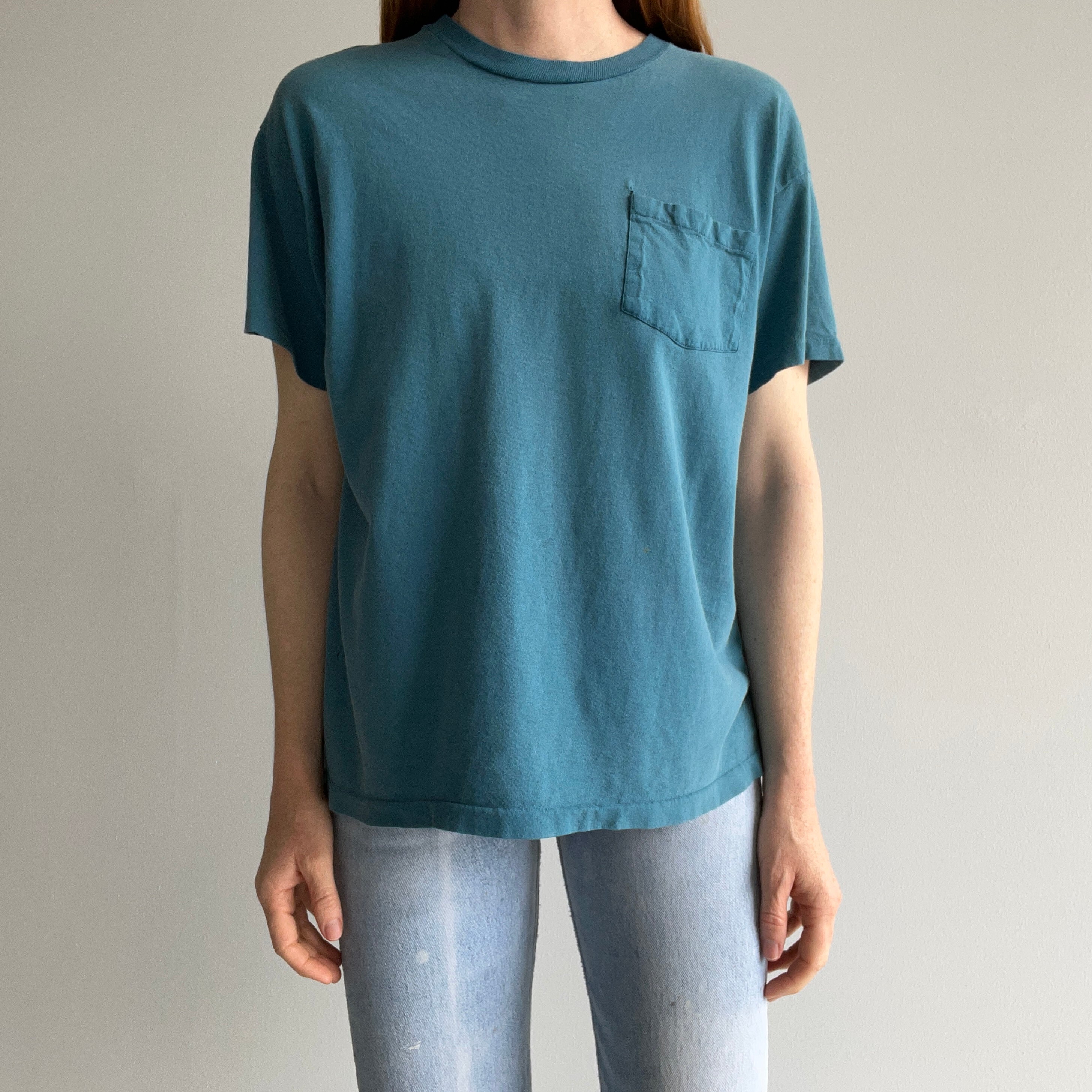 1980s Aqua Teal Steal Blue Mended Cotton Pocket T-Shirt - !!!
