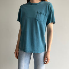 1980s Aqua Teal Steal Blue Mended Cotton Pocket T-Shirt - !!!