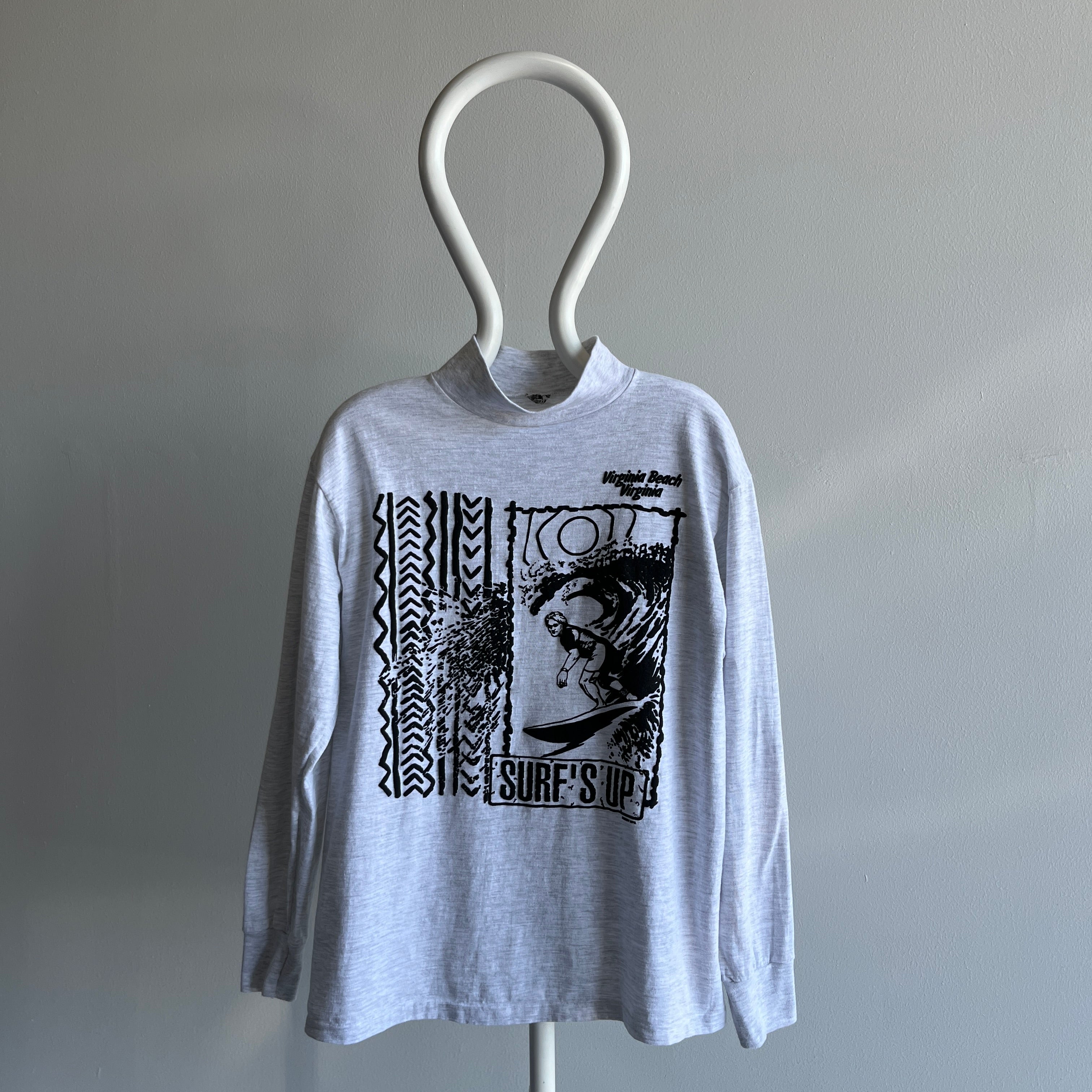 1980s Virginia Beach, Virginia Mock Neck Cotton Long Sleeve T-Shirt - Surf's Up