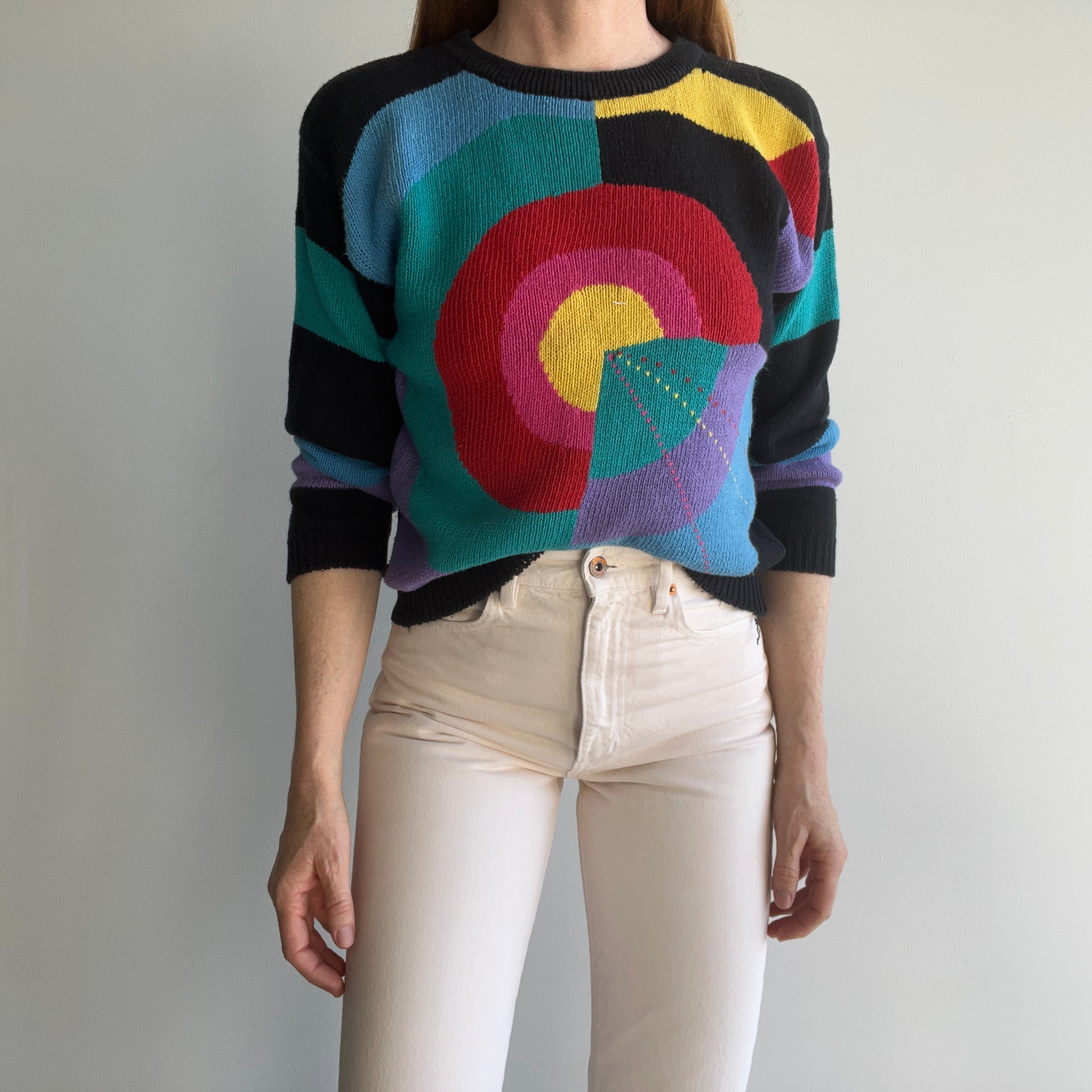 1980s Colorful Geometric Sweater - Cotton Blend