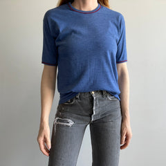 1970s Rolled Neck Ring T-Shirt with Burgundy Contrast Stitching - Swoon
