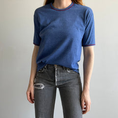 1970s Rolled Neck Ring T-Shirt with Burgundy Contrast Stitching - Swoon