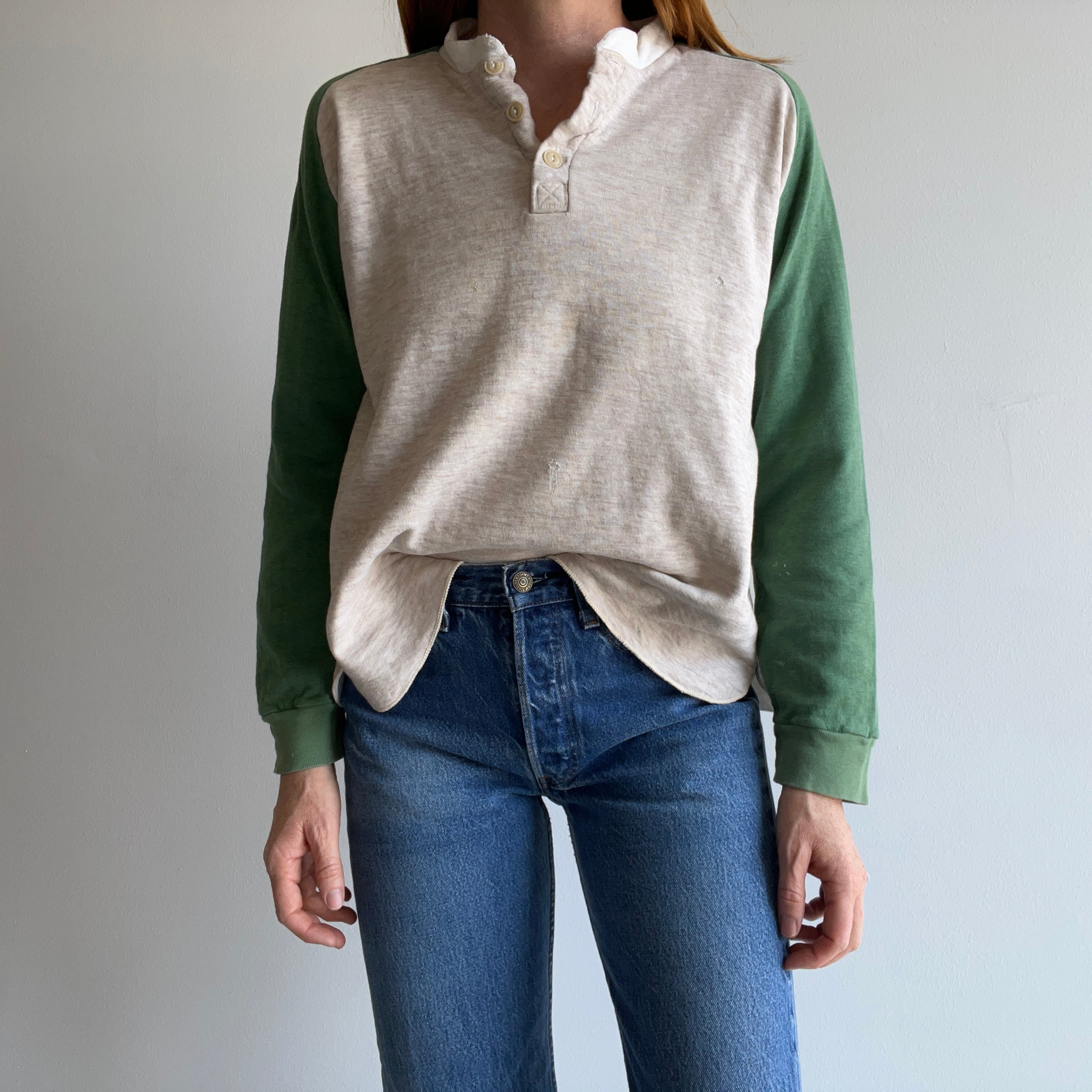 1970s Extremely Paint and Other Stained Worn Duofold Rad Henley Thermal