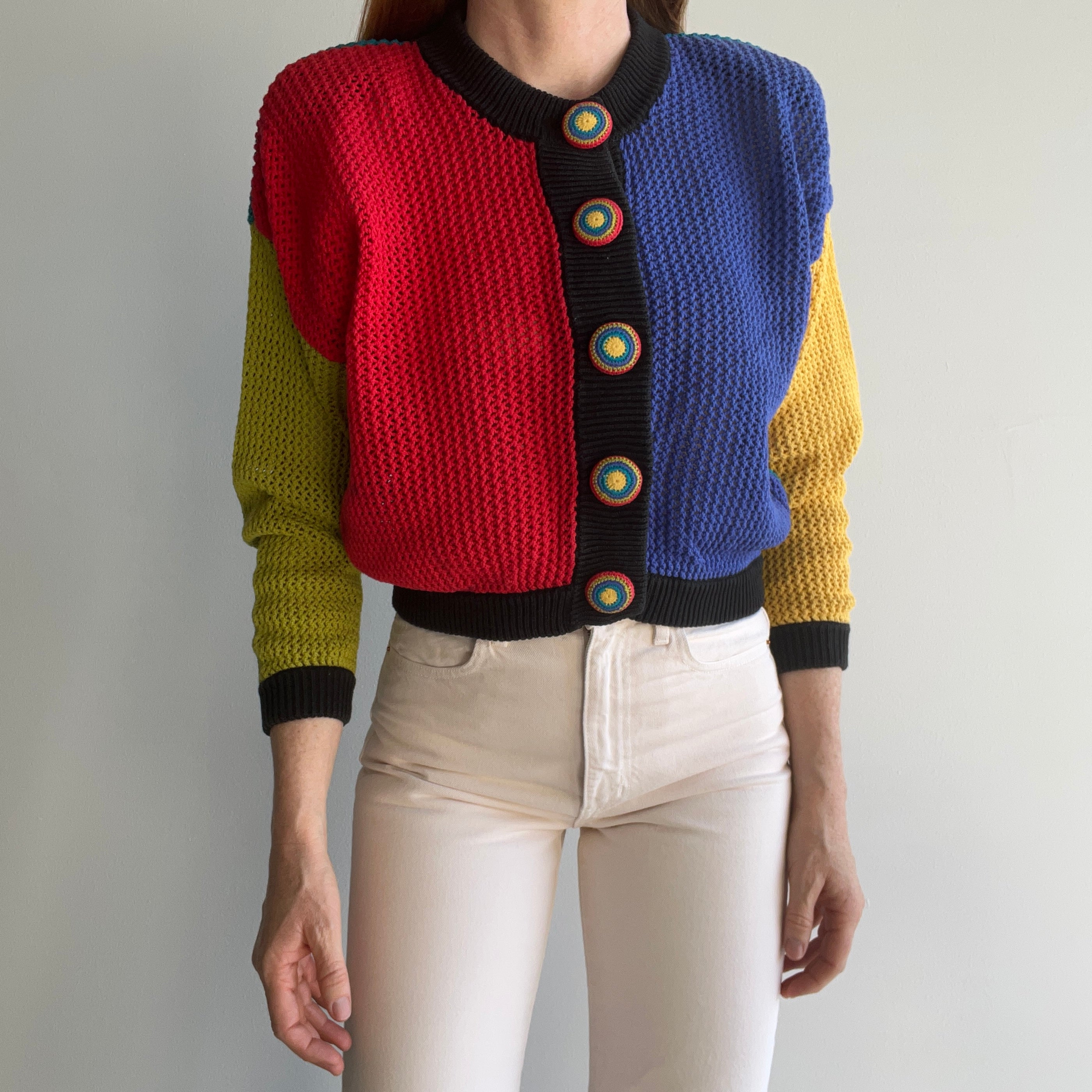 1970s OMFG Crocheted Buttons Color Block Cotton Cropped Cardigan