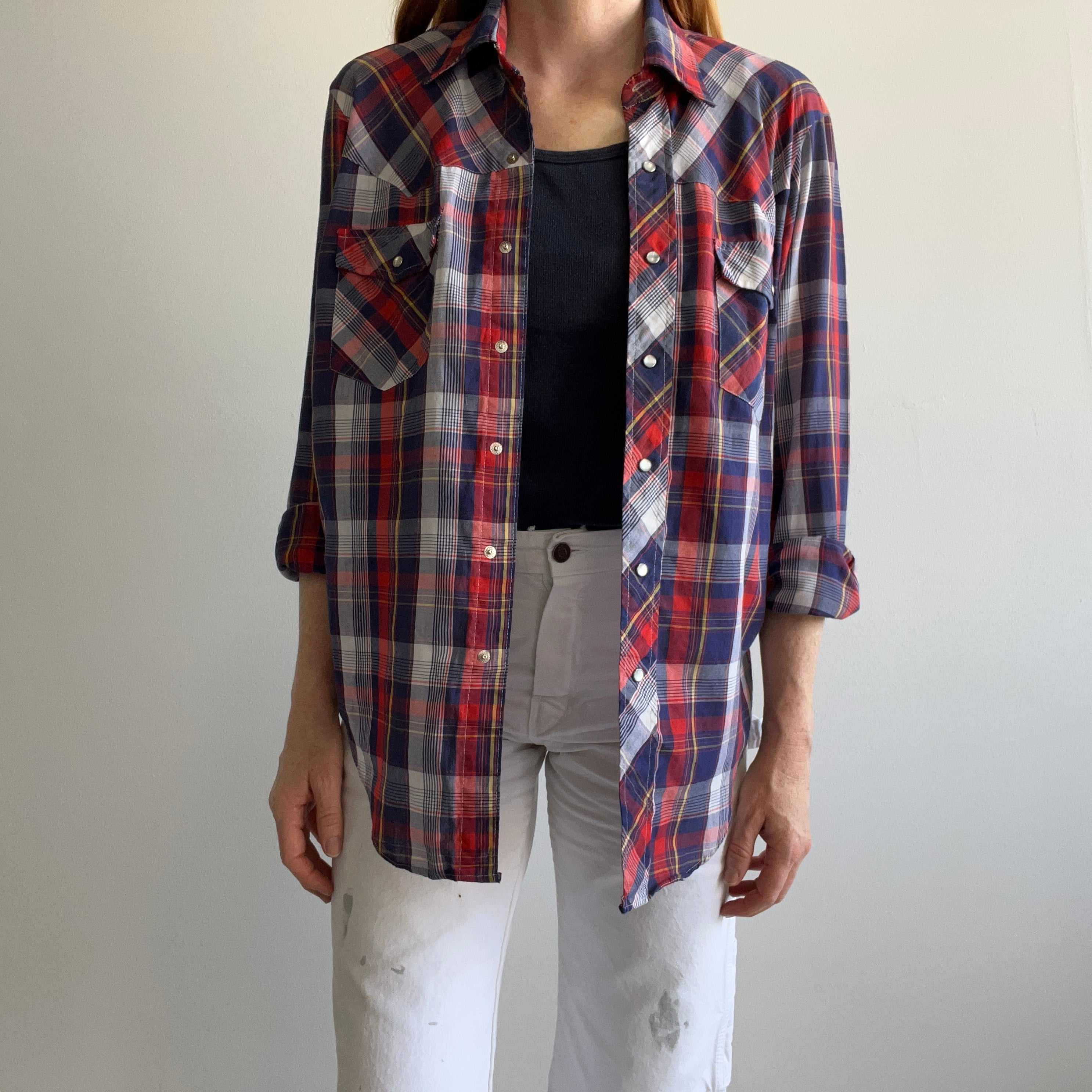 1980s Lightweight Plaid Cowboy Snap Shirt