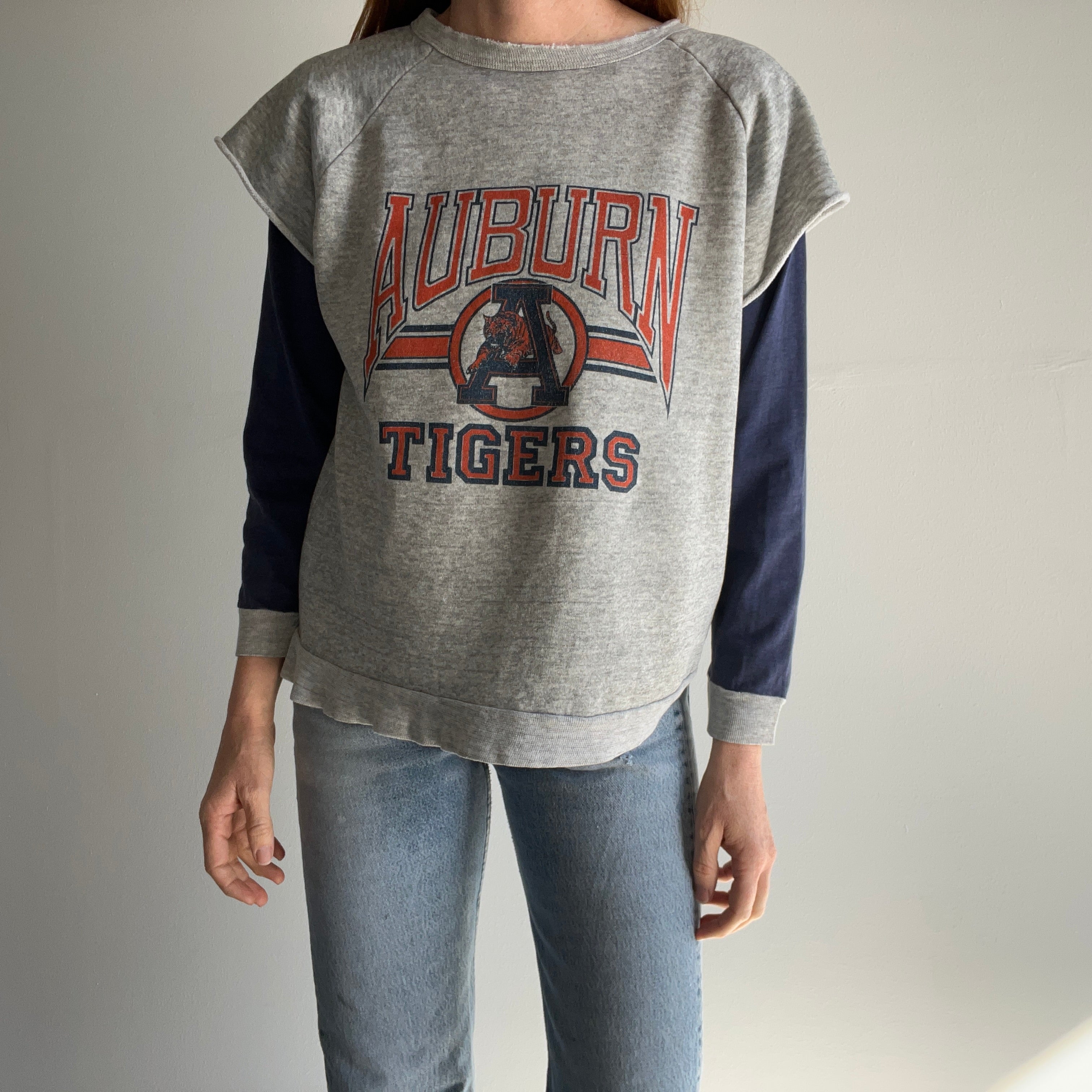 1980s Twofer Auburn Super Thin and Tattered Built In Long Sleeve Warm Up Sweatshirt