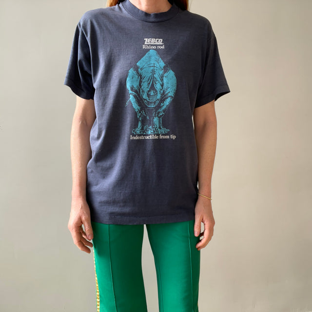 1980s Navy Blue Zebco Rhino Rod T Shirt - The Backside!