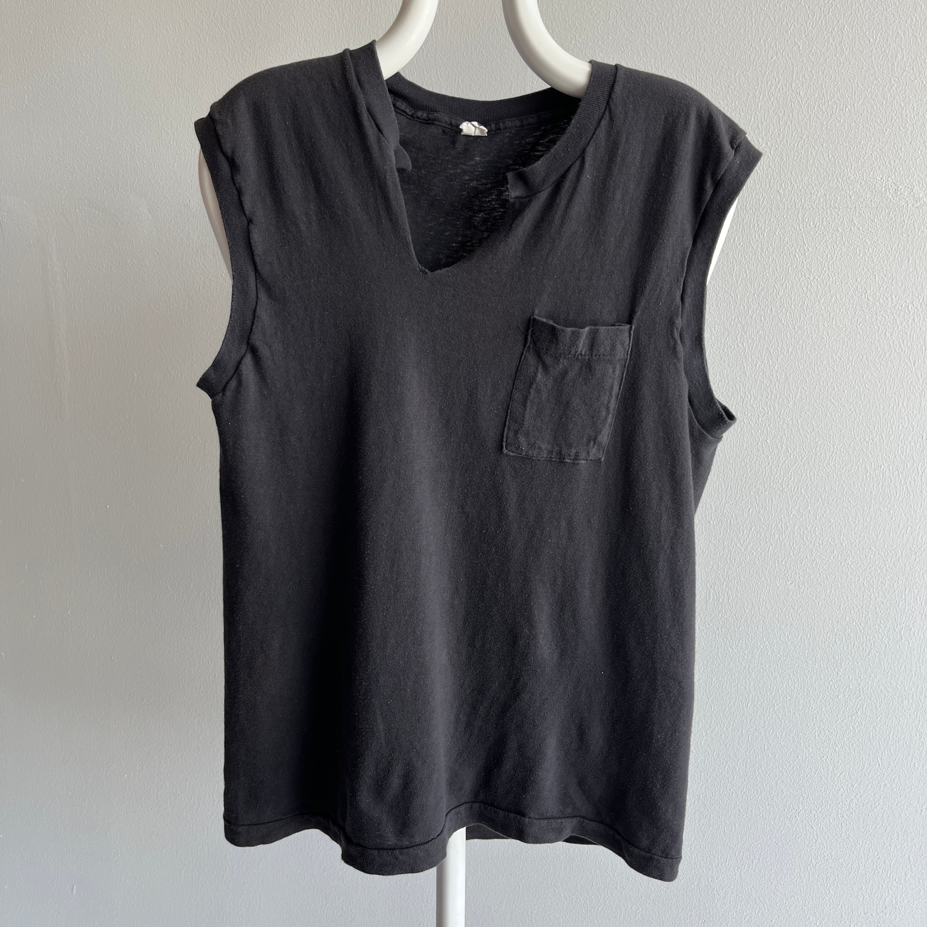 1980s Cut Neck Blank Black Muscle Tank