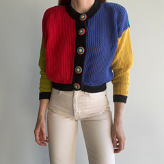 1970s OMFG Crocheted Buttons Color Block Cotton Cropped Cardigan