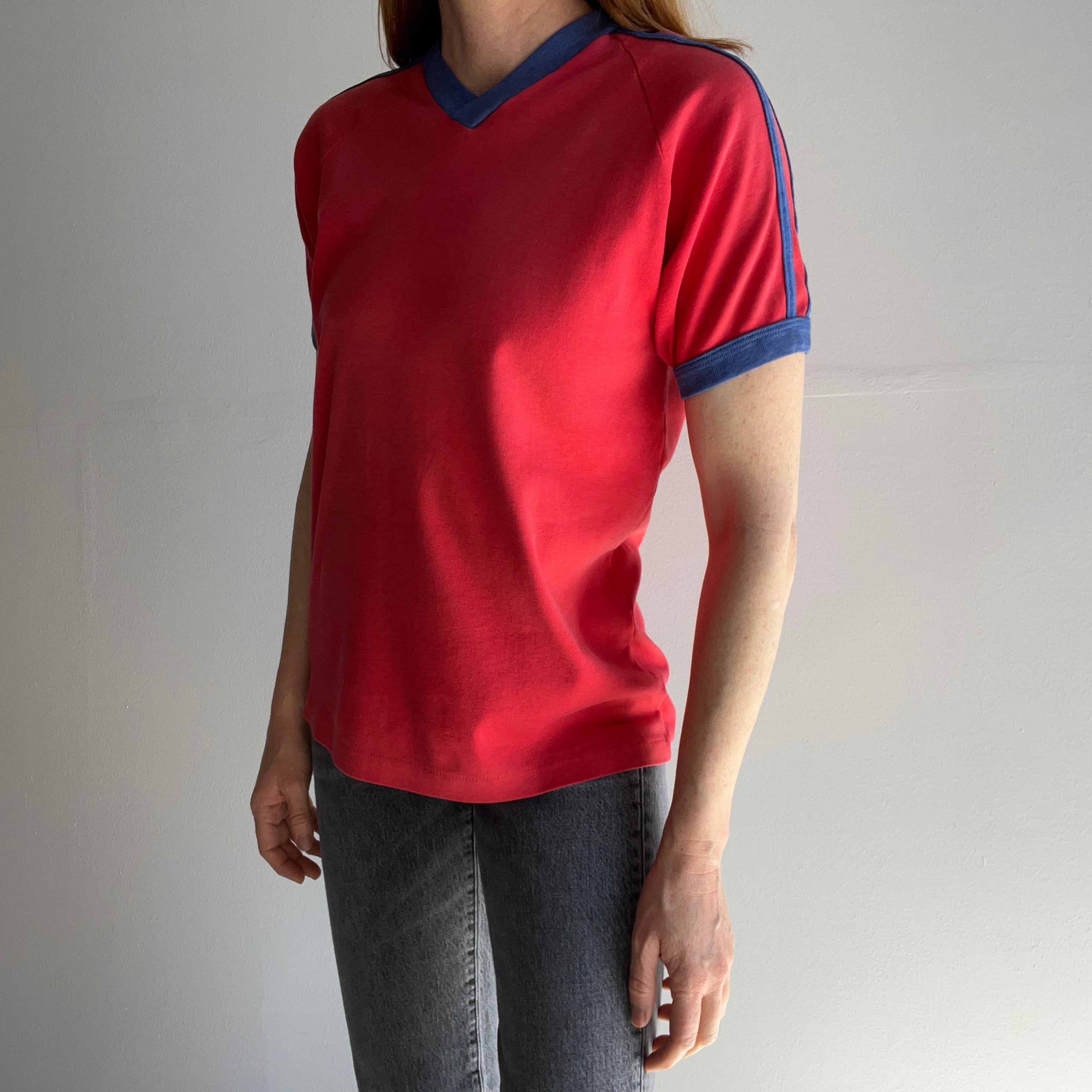 1970s Sun Faded Triple Stripe V-Neck Ring Tee