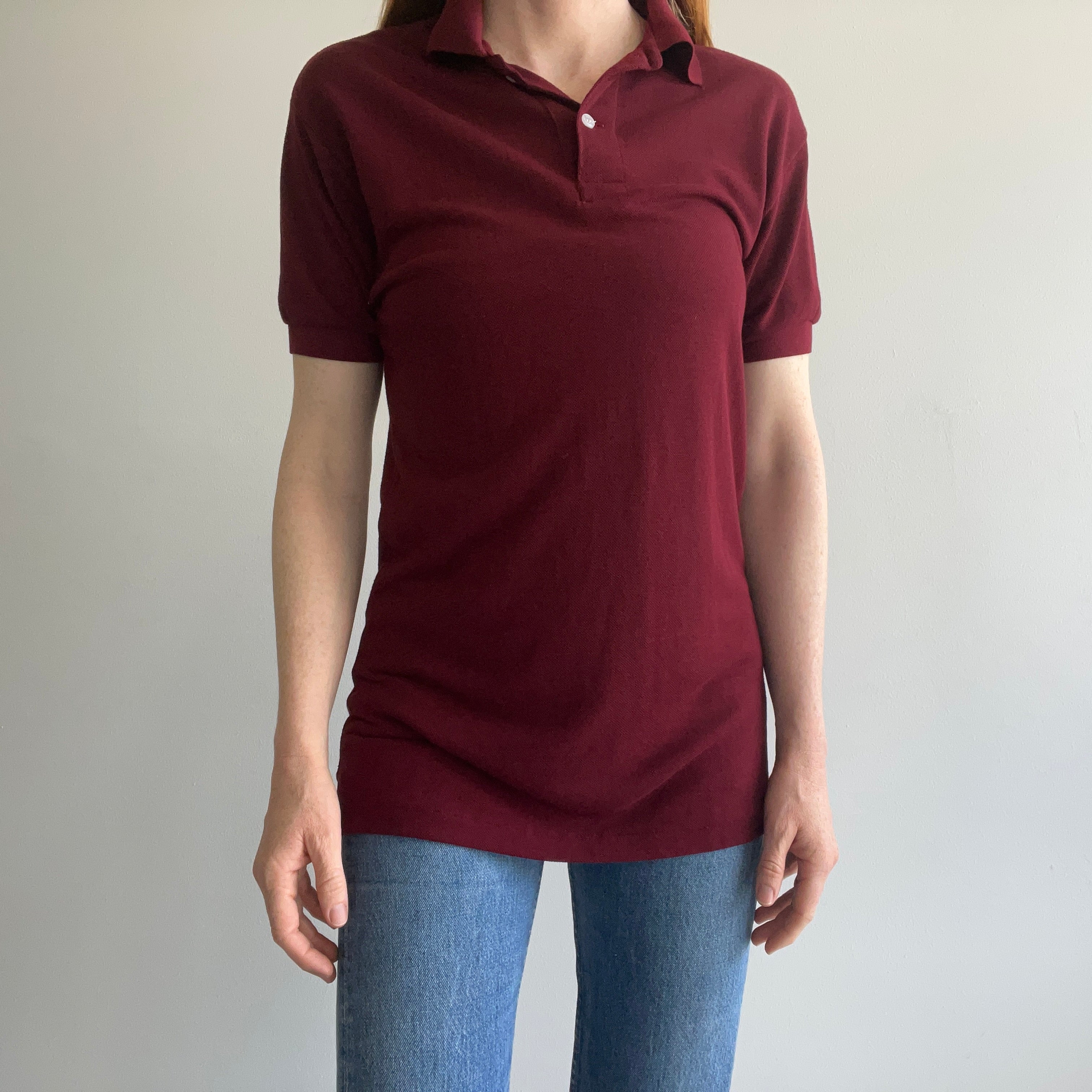 1980s Extra Long Burgundy Polo Shirt