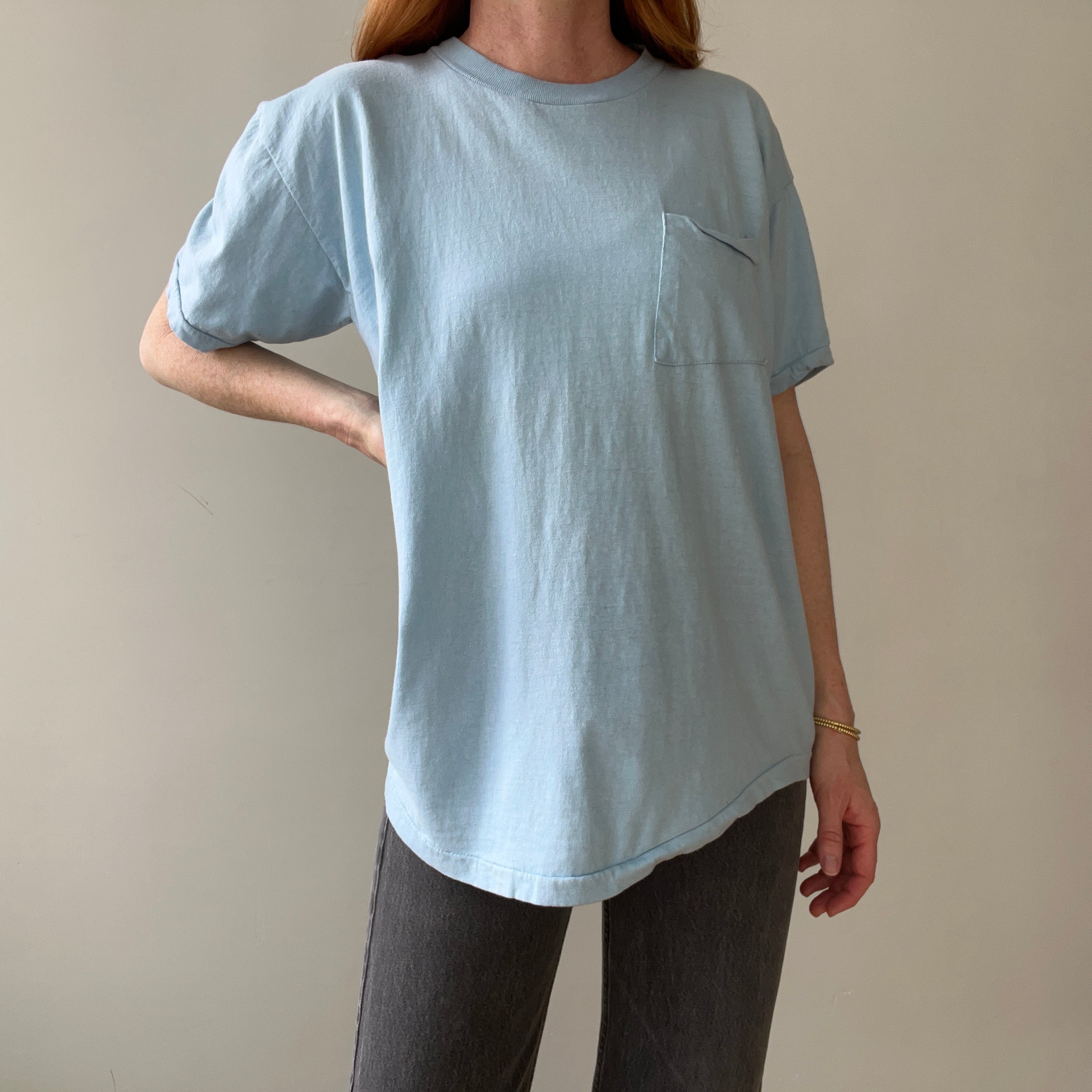 1980s Baby Blue Pocket T Shirt