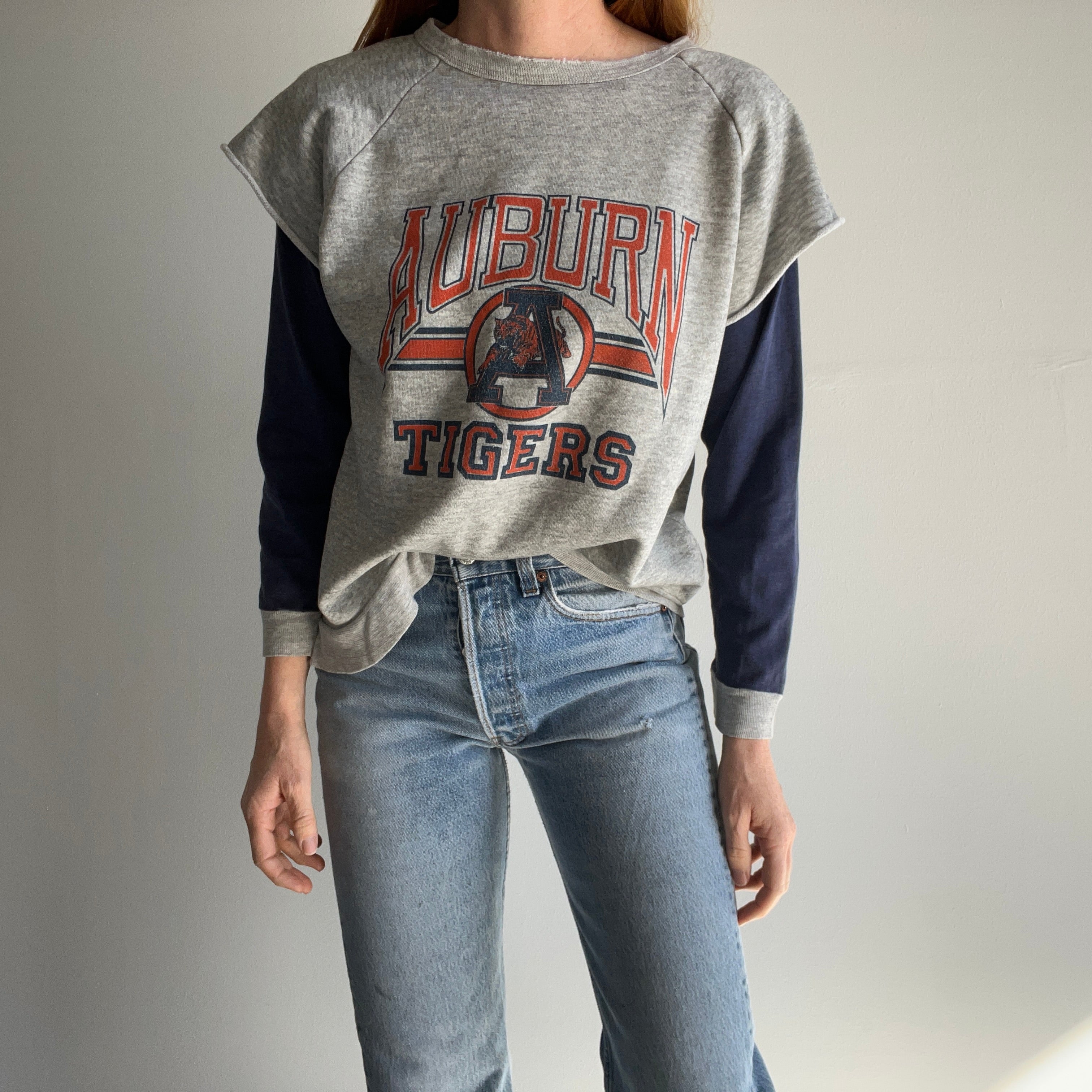 1980s Twofer Auburn Super Thin and Tattered Built In Long Sleeve Warm Up Sweatshirt