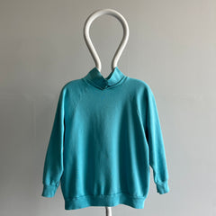 1980s Aqua Collared Sweatshirt with a Single Button