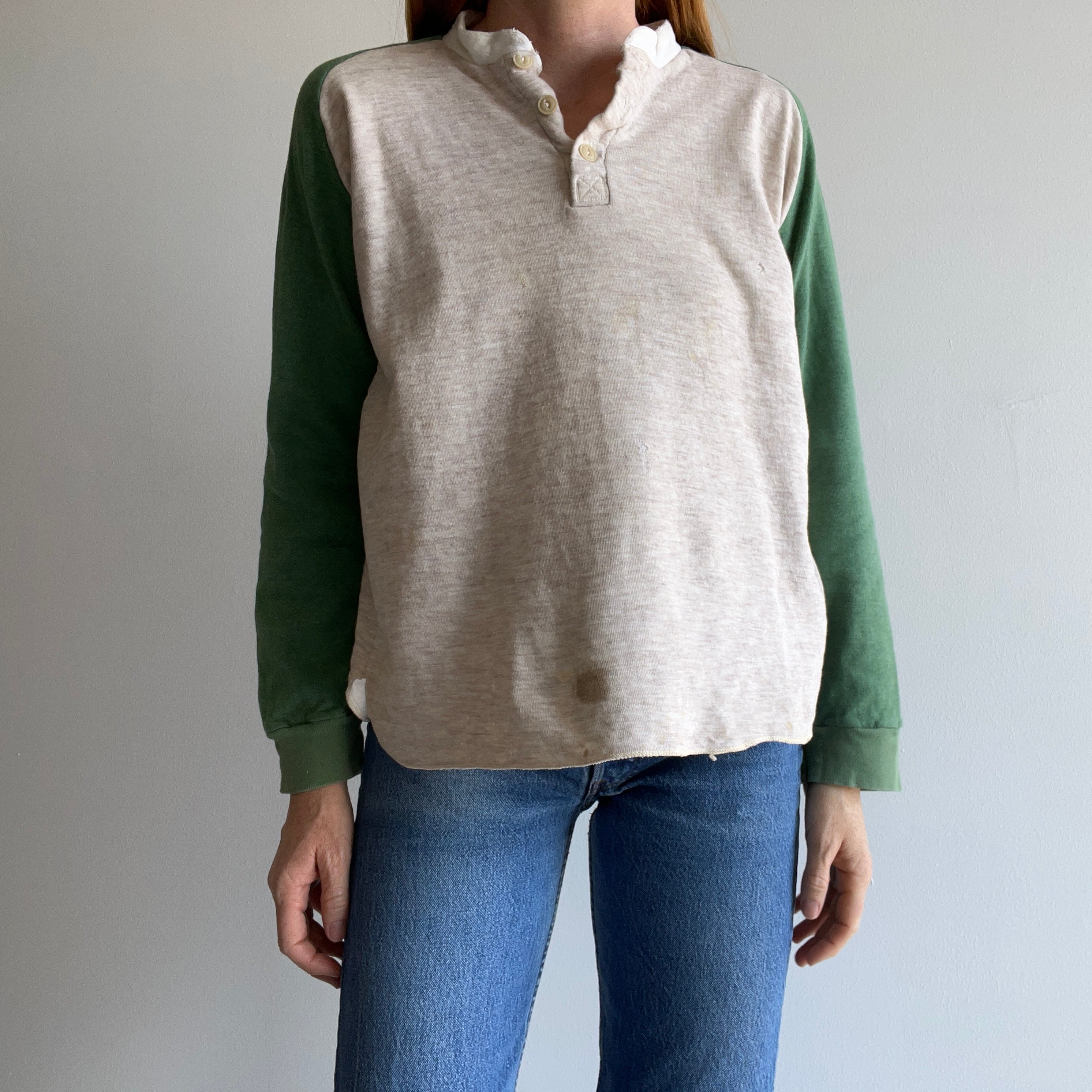 1970s Extremely Paint and Other Stained Worn Duofold Rad Henley Thermal