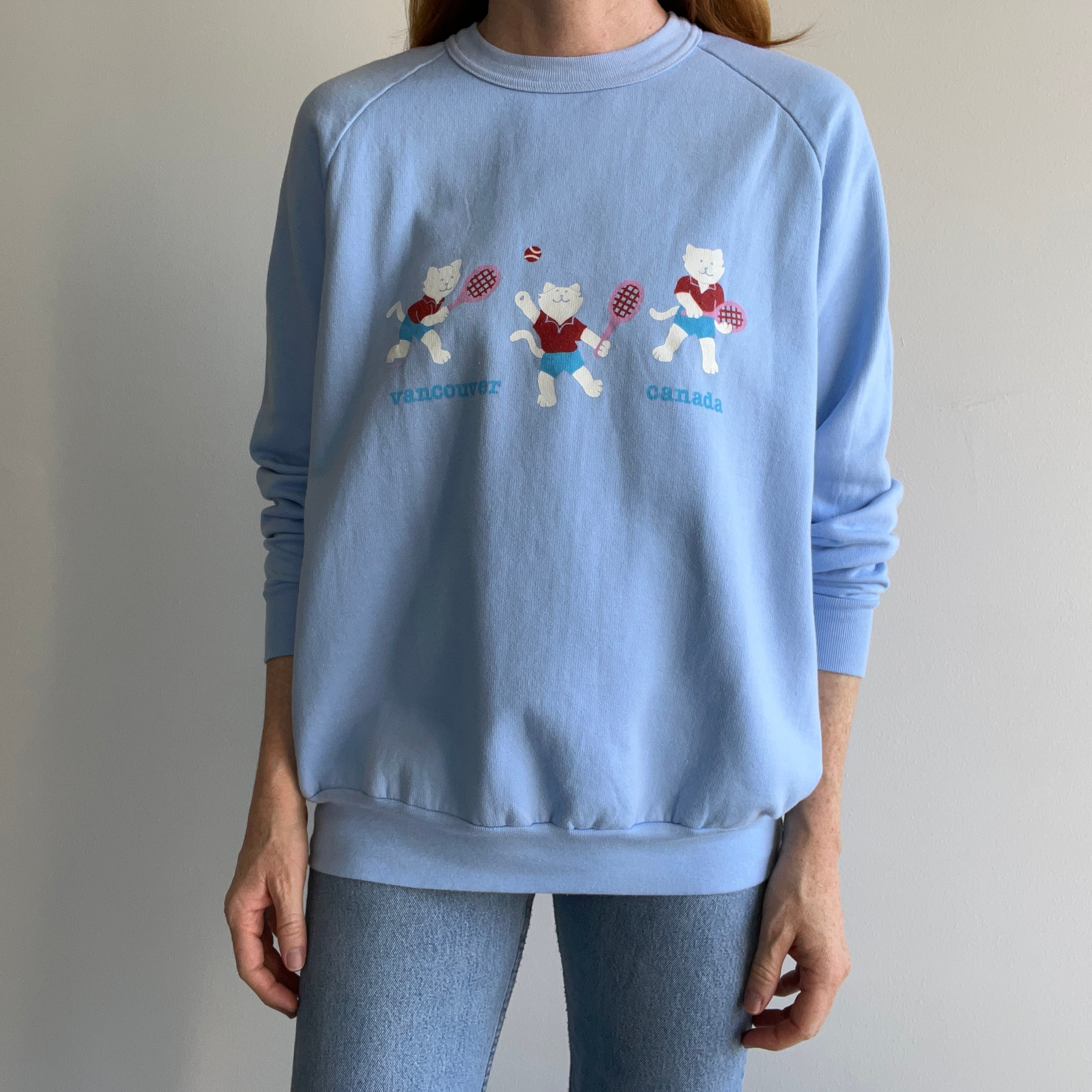 1980s Canada Cats Playing Tennis Barely Worn Sweatshirt