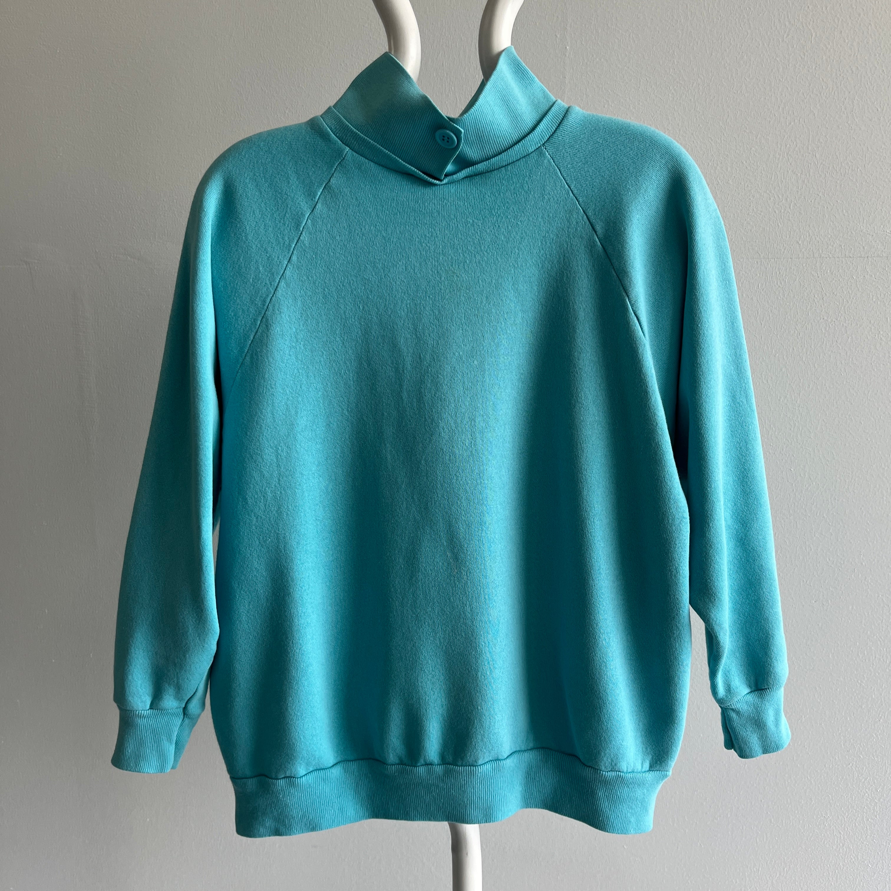 1980s Aqua Collared Sweatshirt with a Single Button