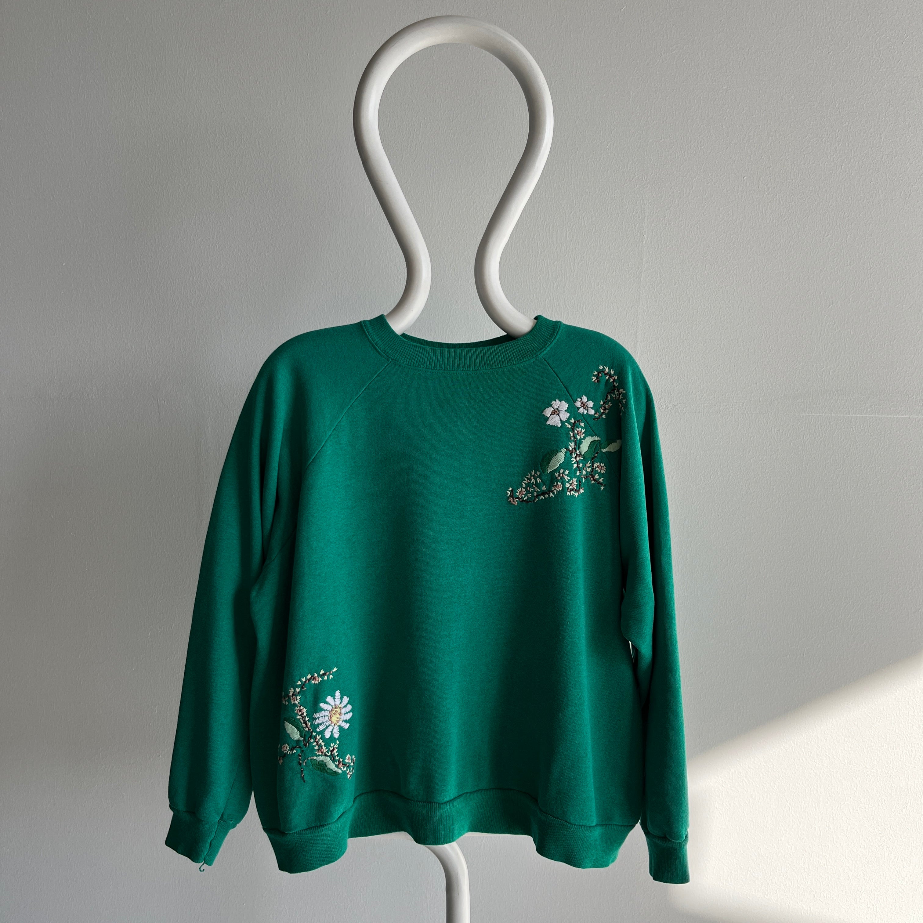 1980s One-Of-A-Kind HAND Embroidered Floral Front and Back Unbelievable Sweatshirt