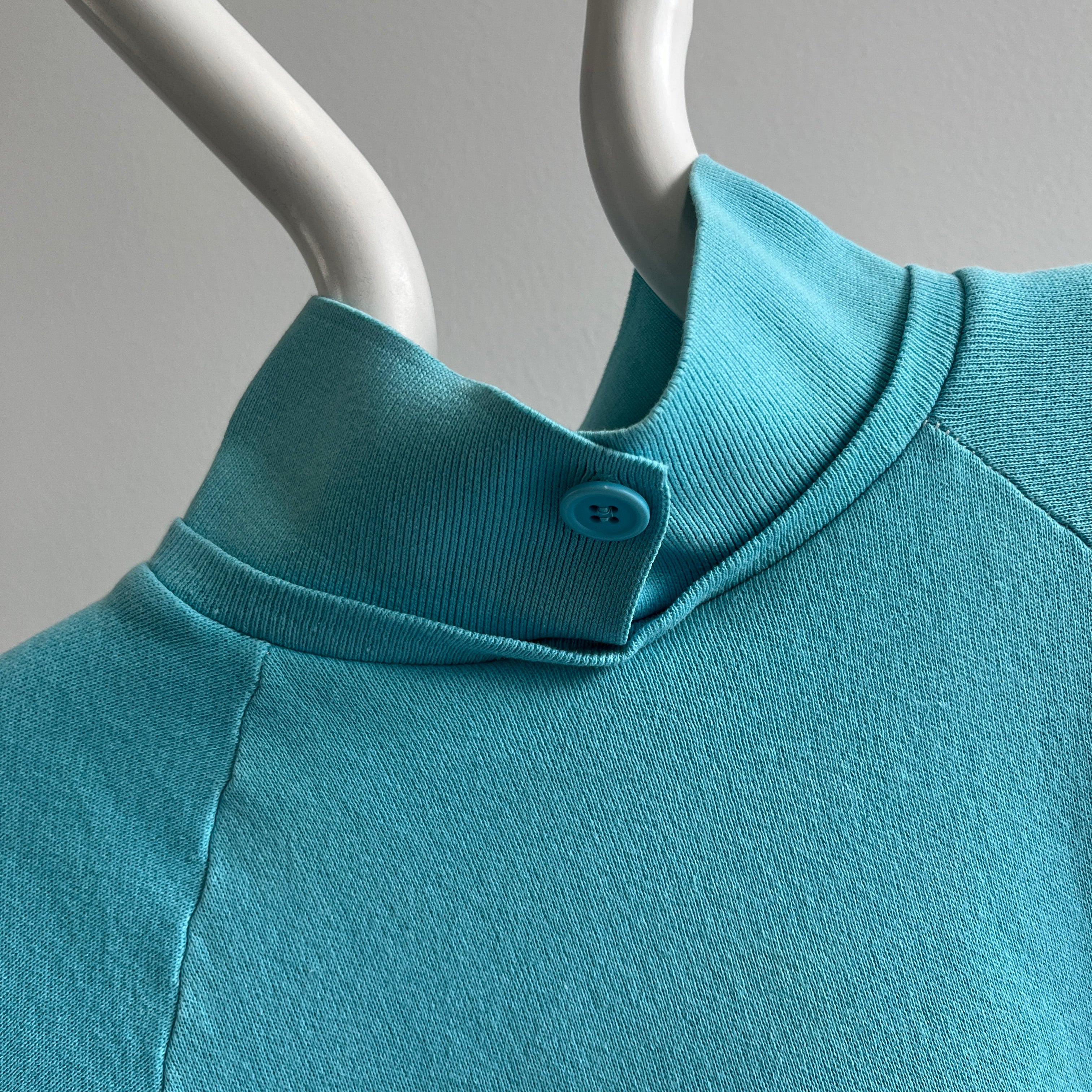 1980s Aqua Collared Sweatshirt with a Single Button