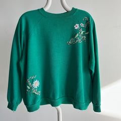 1980s One-Of-A-Kind HAND Embroidered Floral Front and Back Unbelievable Sweatshirt