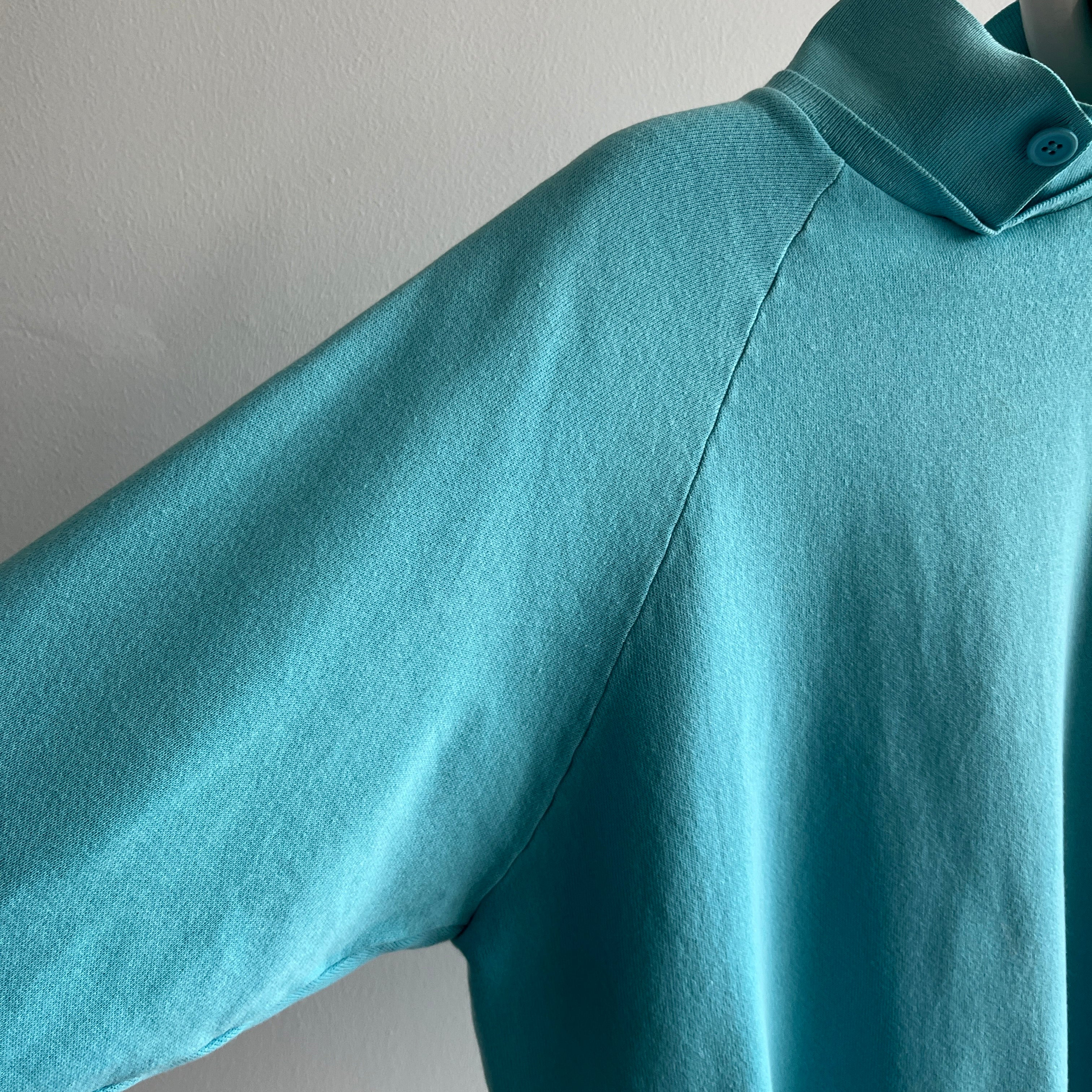 1980s Aqua Collared Sweatshirt with a Single Button