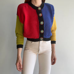 1970s OMFG Crocheted Buttons Color Block Cotton Cropped Cardigan